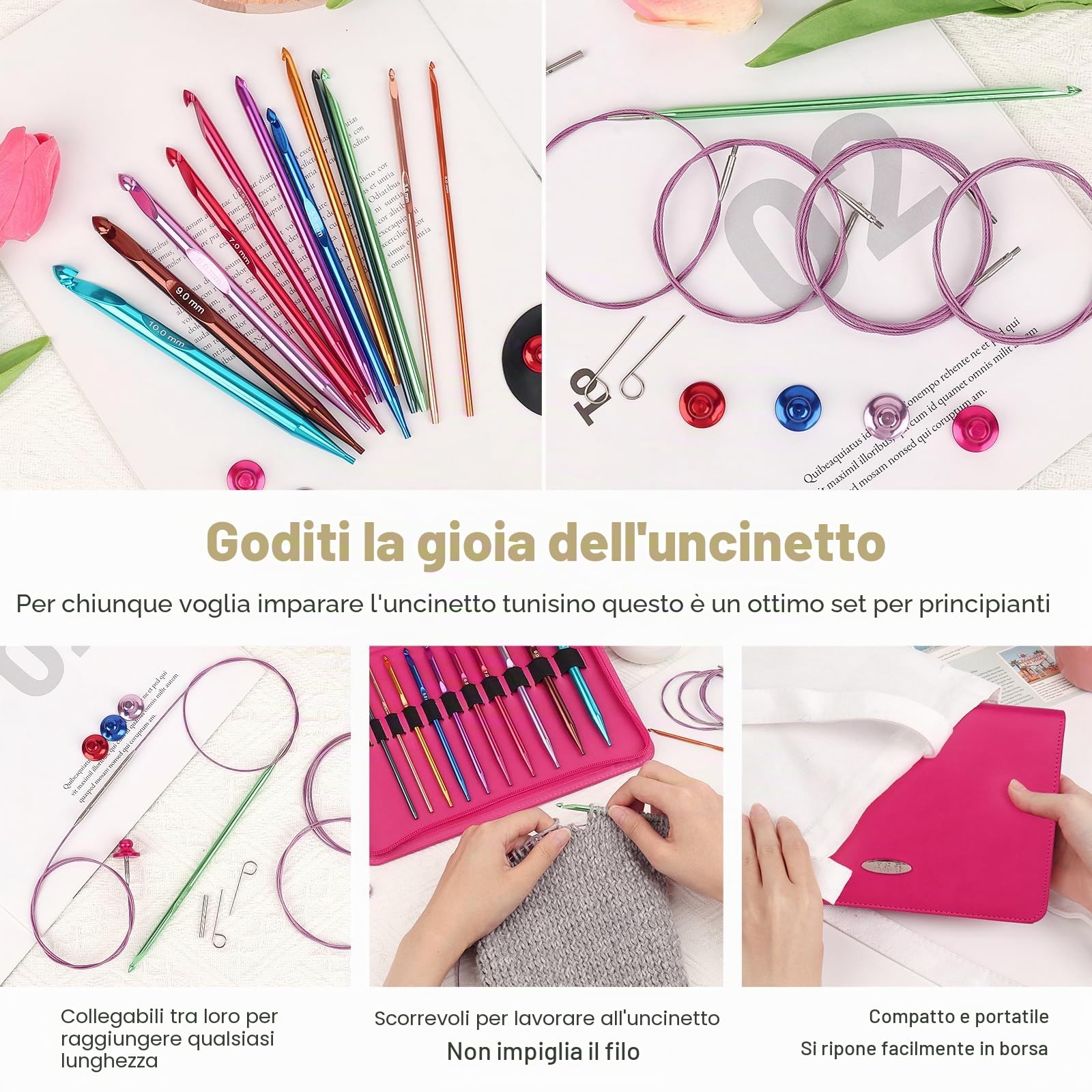 Aeelike Set di uncinetti tunisini intercambiabili, in alluminio, con cavi, 12 misure da 3 a 10 mm, extra lunghi, intercambiabili, per coperte afgane, set di uncinetti tunisini