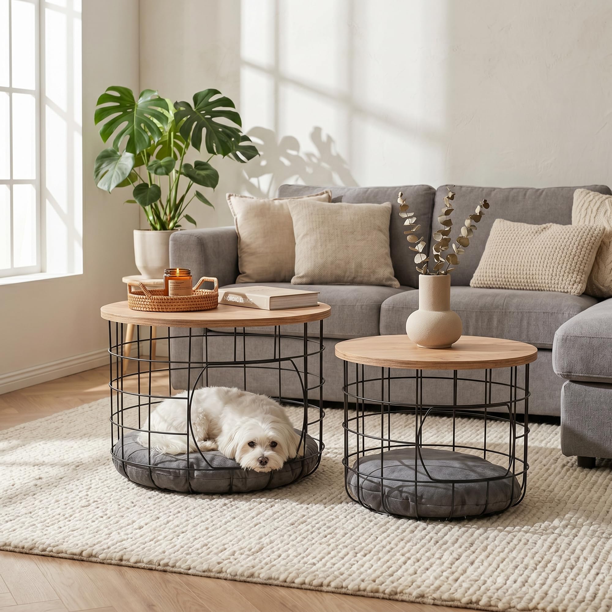 Beistelltisch 2er Set Katzennest mit Kissen, Couchtisch rund Metall Holz Industrial, Sofatisch mit Abnehmbarer Holzplatte, Katzenkorb Möbel 54 und 44 cm, Schwarz Eiche