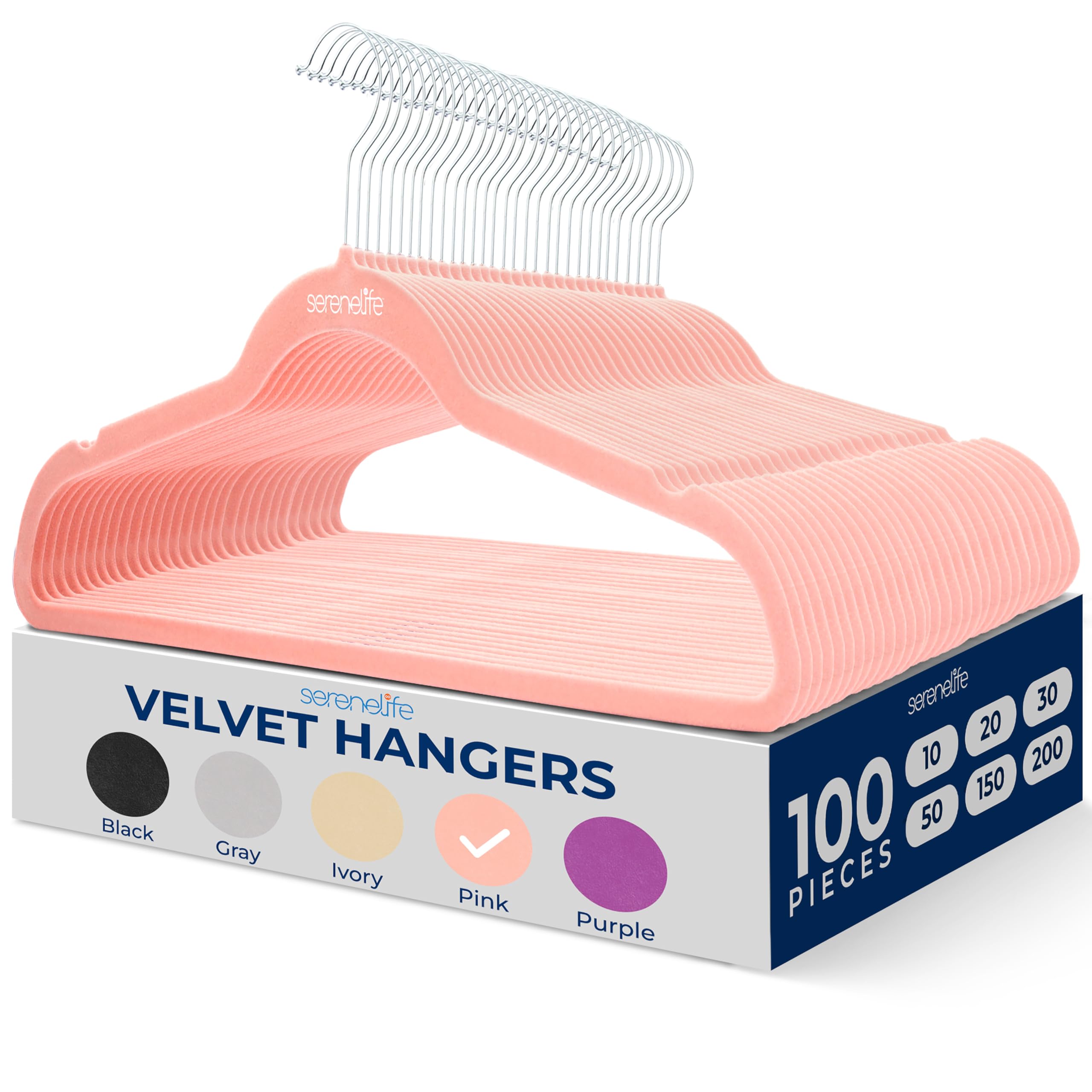 SereneLife 100 Pieces Velvet Hangers - Space Saving Heavy Duty Slim Suit Clothes Hanger Set with 360 Degree Swivel Metal Hook, Can Hold Up to 4.5 kg. For Coats, Jackets, Pants & Dress (Pink)