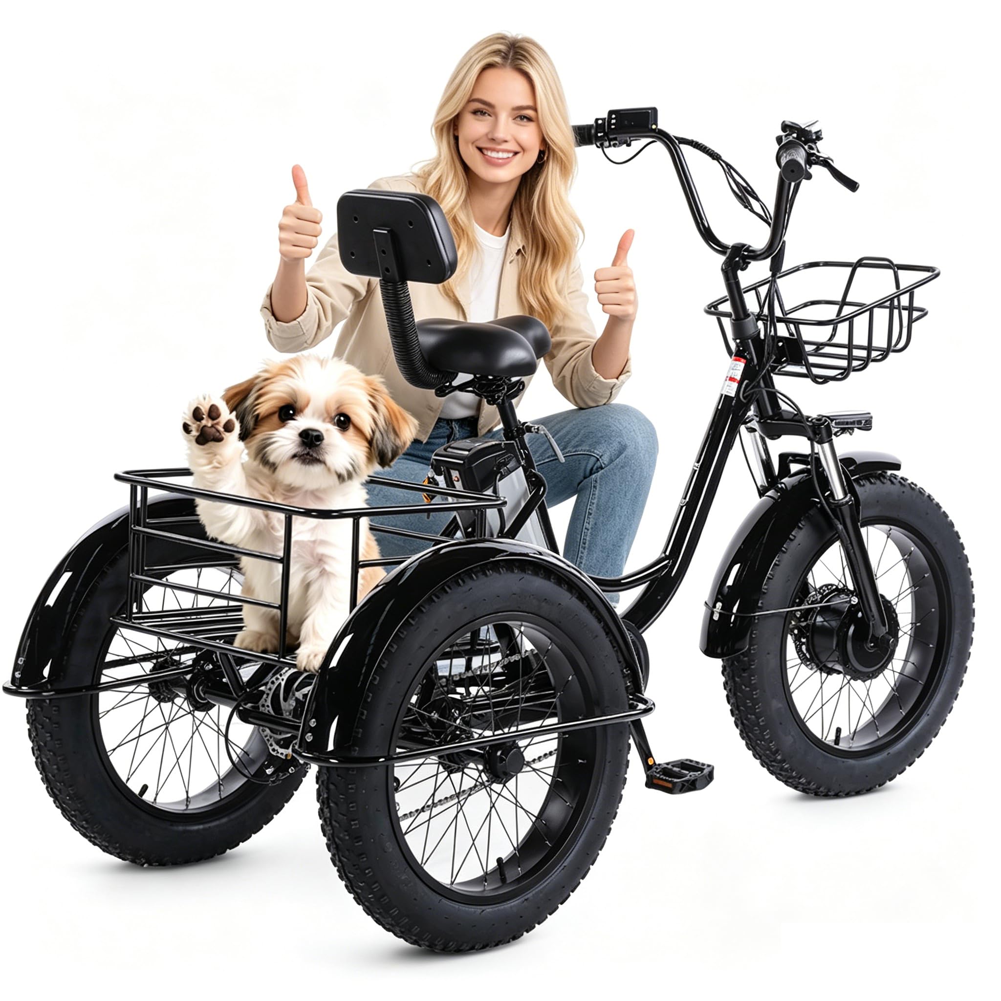 YMLUKzun 20" Electric Trike for Adults, with 48V 13Ah Removable Battery, Motor Electric Bicycle with Large Baskets, LCD-Display, 6-Speed, Range 40KM, Electric Cargo Trike for Adult Senior