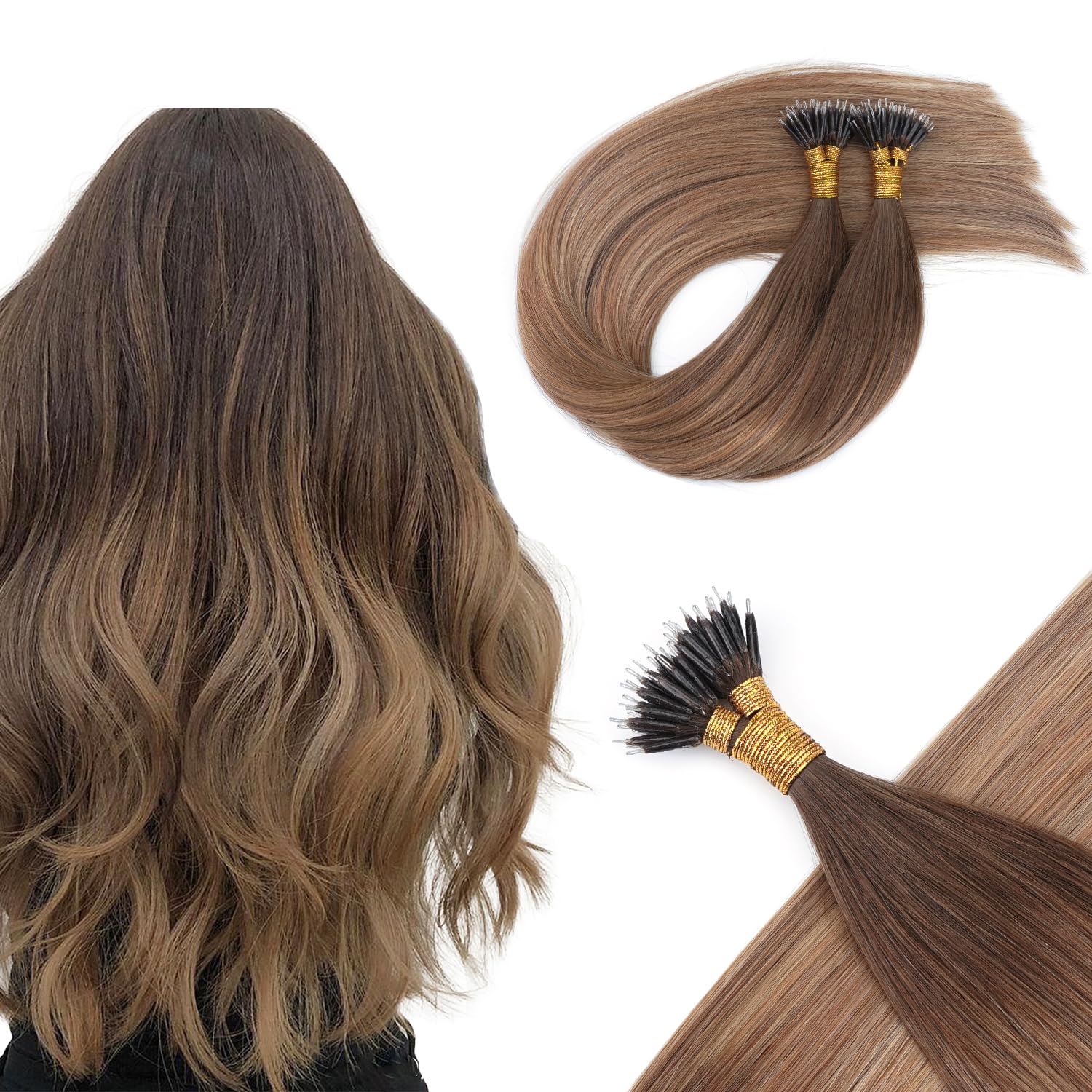 KOCONI 14 Inch Brown Ombre Nano Ring Hair Extensions Real Human Hair Nano Beads Remy Human Hair Extensions Human Hair Fading to Chocolate Brown and Wheat Blond 1g/S Nano Beads Hair 50g 4/10/16