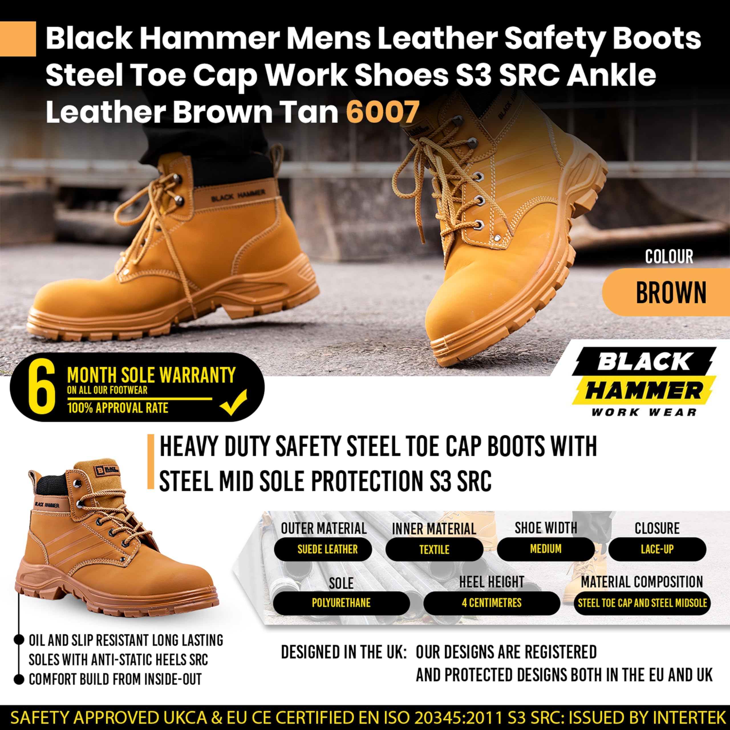 BLACK HAMMER Botas de Seguridad para Hombre Calzado de Trabajo Resistente con Protección Construcción Punta de Acero Soporte de Tobillo Piel de Ante Tacones Antideslizantes Antiestáticos 6007