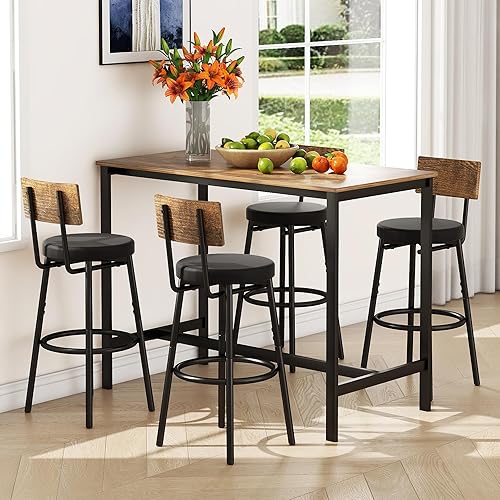 Miniatura 3 de Tatub Juego de 4 sillas y mesa de bar, 5 piezas, altura de mostrador, juego de 4 sillas de mesa de desayuno para comedor, color marrón