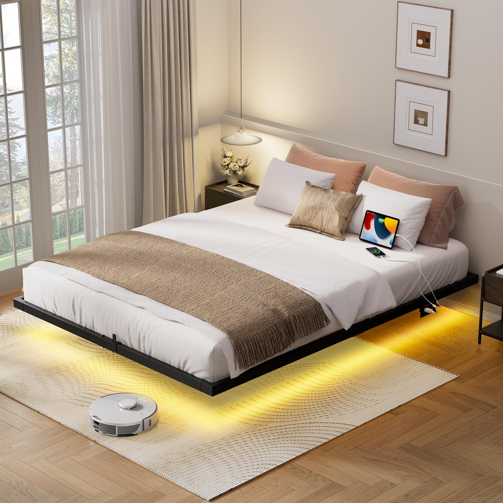 HAUSOURCE Floating Bed Frame King Size with Charging Station and LED Lights 10in High King Double Floating Bed Frame Metal Platform No Boxing Spring Needed Noise Free