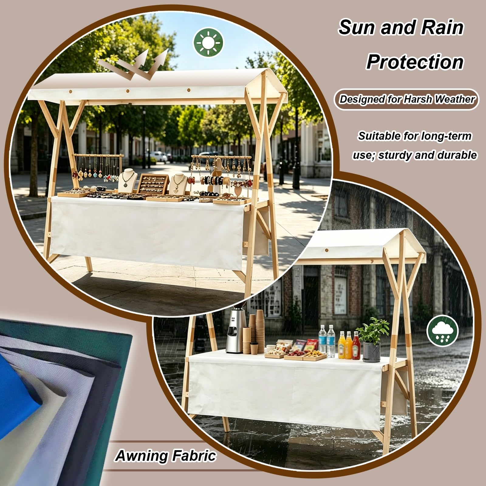 Carro De Ventas para Exteriores con Toldo, Carrito De Comida Portátil, Puesto De Exhibición Plegable, Estantería De Madera, para Mercados, Ferias Y Eventos(Red,150cm/59in)