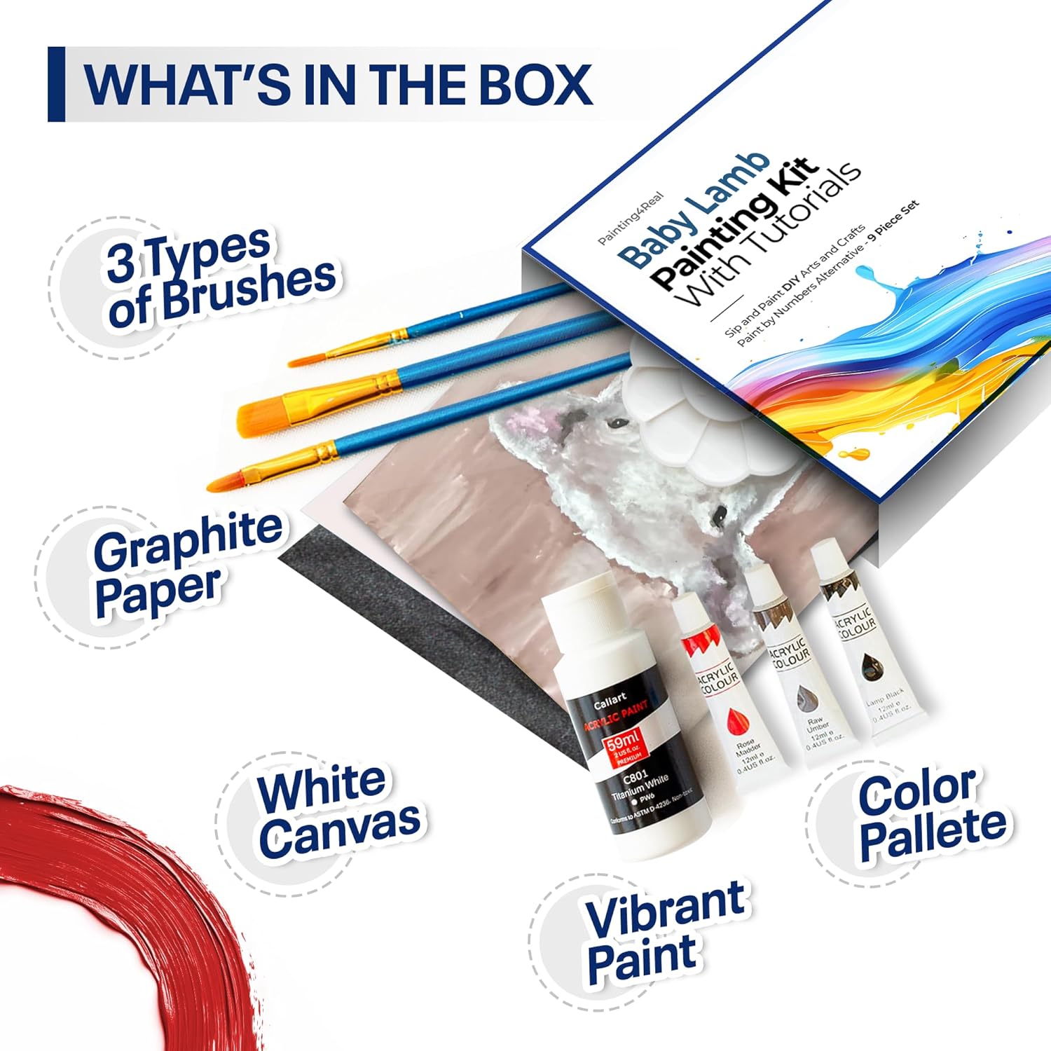Painting4Real DIY Art Painting Kit for Adults with Video Tutorials – Learn to Paint Baby Lamb - 9 Pieces Acrylic Paint Set & Art Supplies for Adults, Mother Day Gift for Mom, Women, Mens, Art Lovers