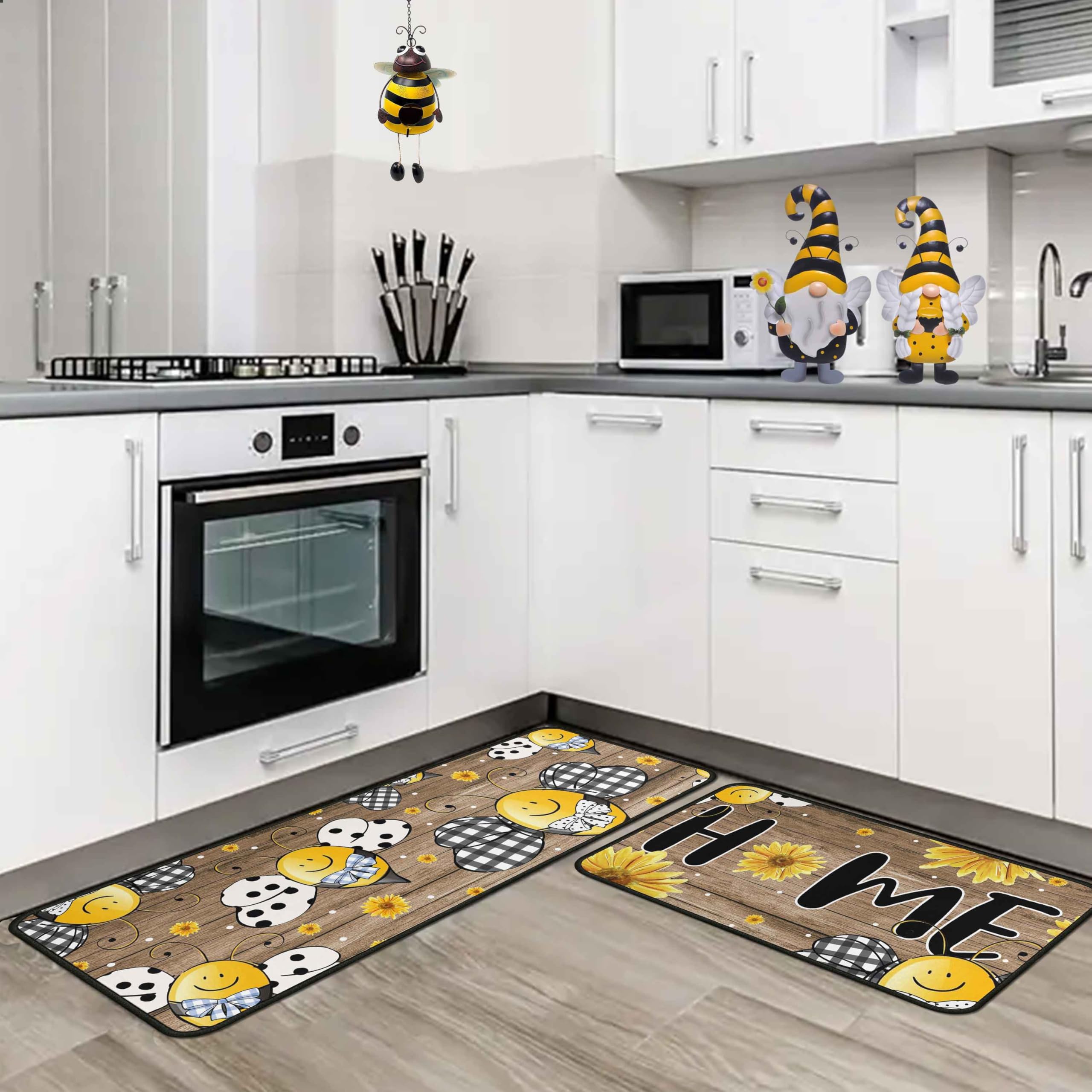 Lumiprinta Buffalo Plaid Bee Sunflower Wood Home Spring Kitchen Rugs and Mats Set of 2, Summer Home Decor Low-Profile Kitchen Mats for Floor 17"x47"+