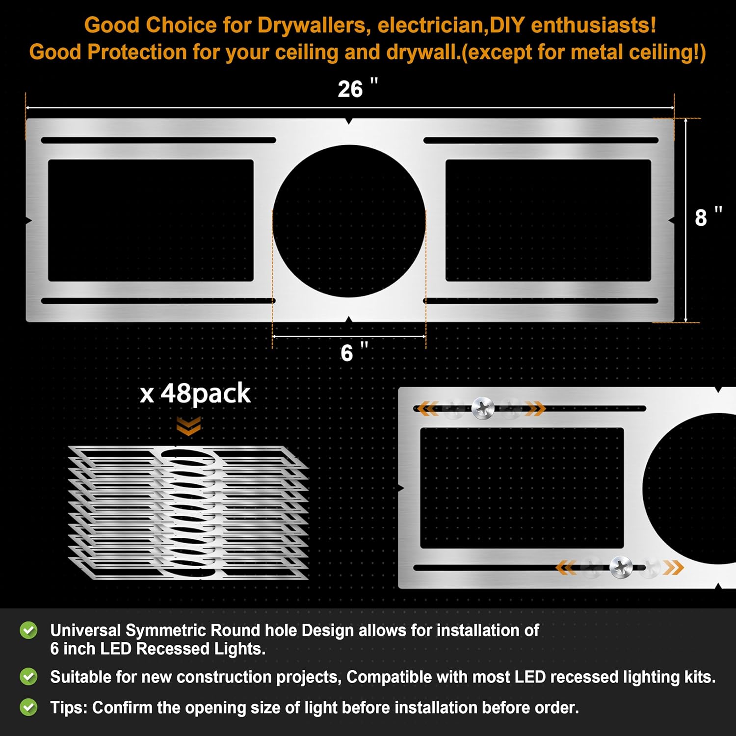 New Construction Mounting Plate, 6 Inch, LED Recessed Lighting Housing Kits, Flat Steel Rough in Bracket Fixture for LED Light Bar, 48PC Shallow Recessed Lighting Housing Plate