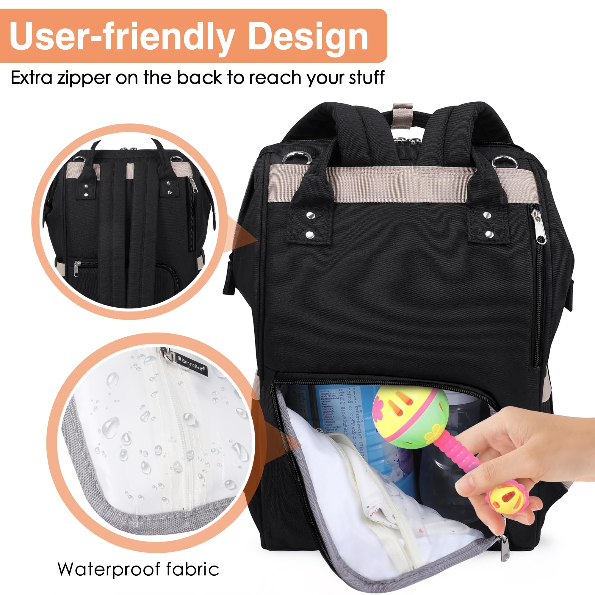 Pomelo Best Zaino Mamma neonato Fasciatoio Bambino impermeabile Borsa Nappy Stoffa Oxford Grande capacità con Materassino fasciatoio, 2 tasche isolanti bottiglia per Viaggiare mamma papà, Nero