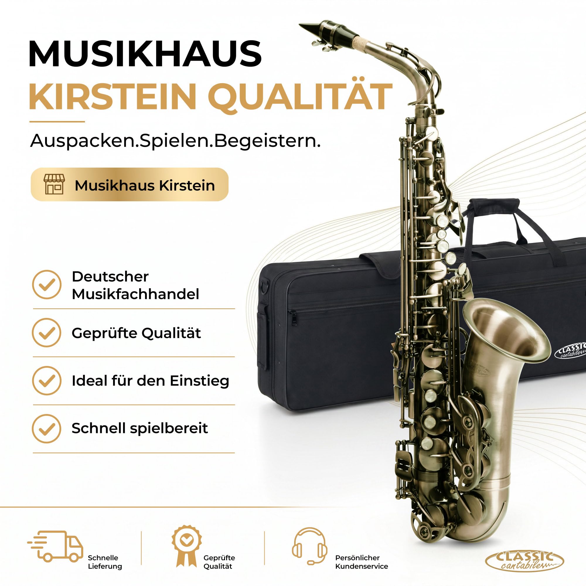Classic Cantabile Winds AS-450 Antique Yellow Set de Saxofón Alto | Saxofón alto de latón, Acabado vintage Antique Yellow, Llave de fa aguda, Sonido lleno y cálido, Respuesta rápida, Peso: 2