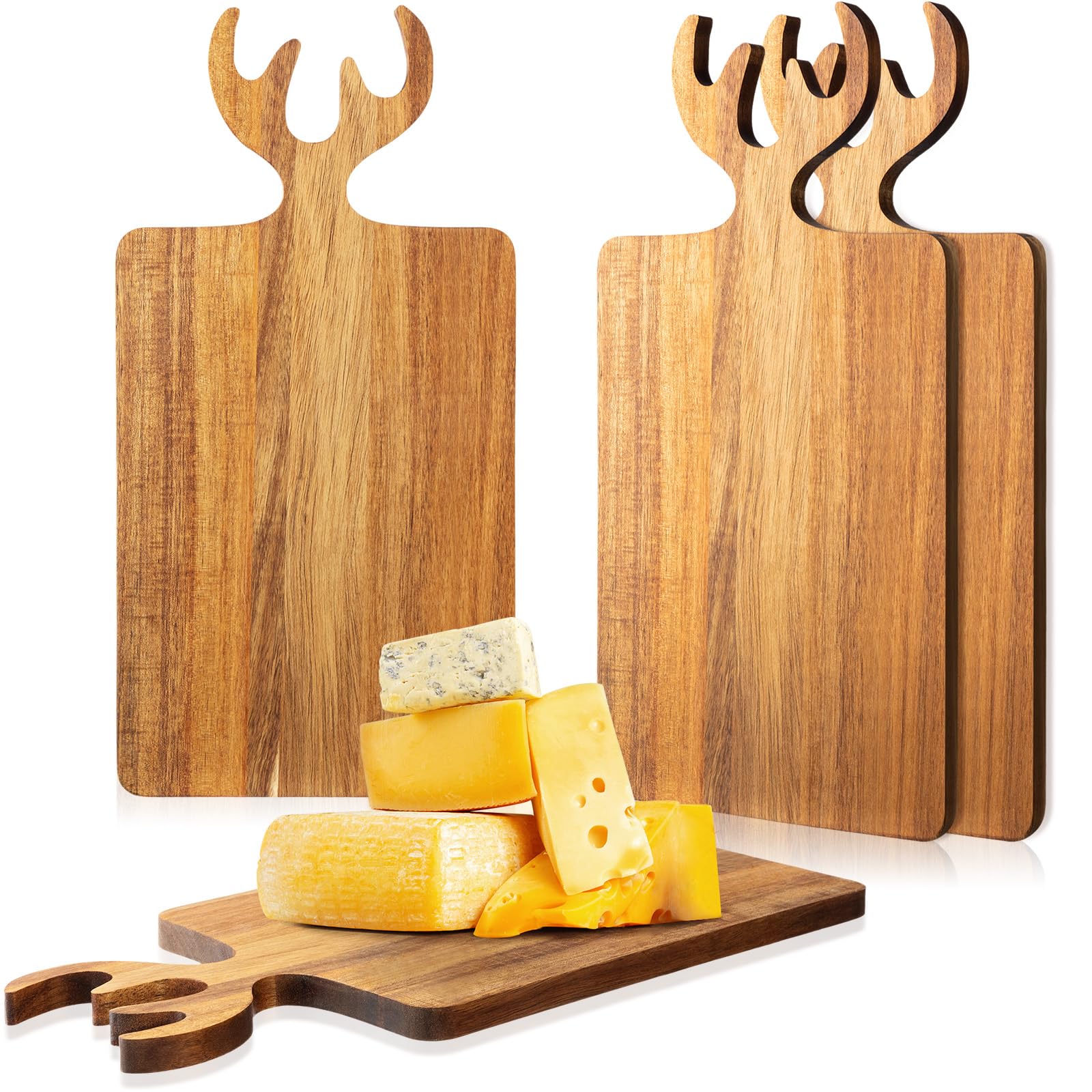 Sliner 4 Pcs Reindeer Christmas Charcuterie Boards Thick Wooden Cutting Boards with Antler Handle Deer Bread Board Cheese Chopping Board for Kitchen Gift Housewarming Wedding(Large)