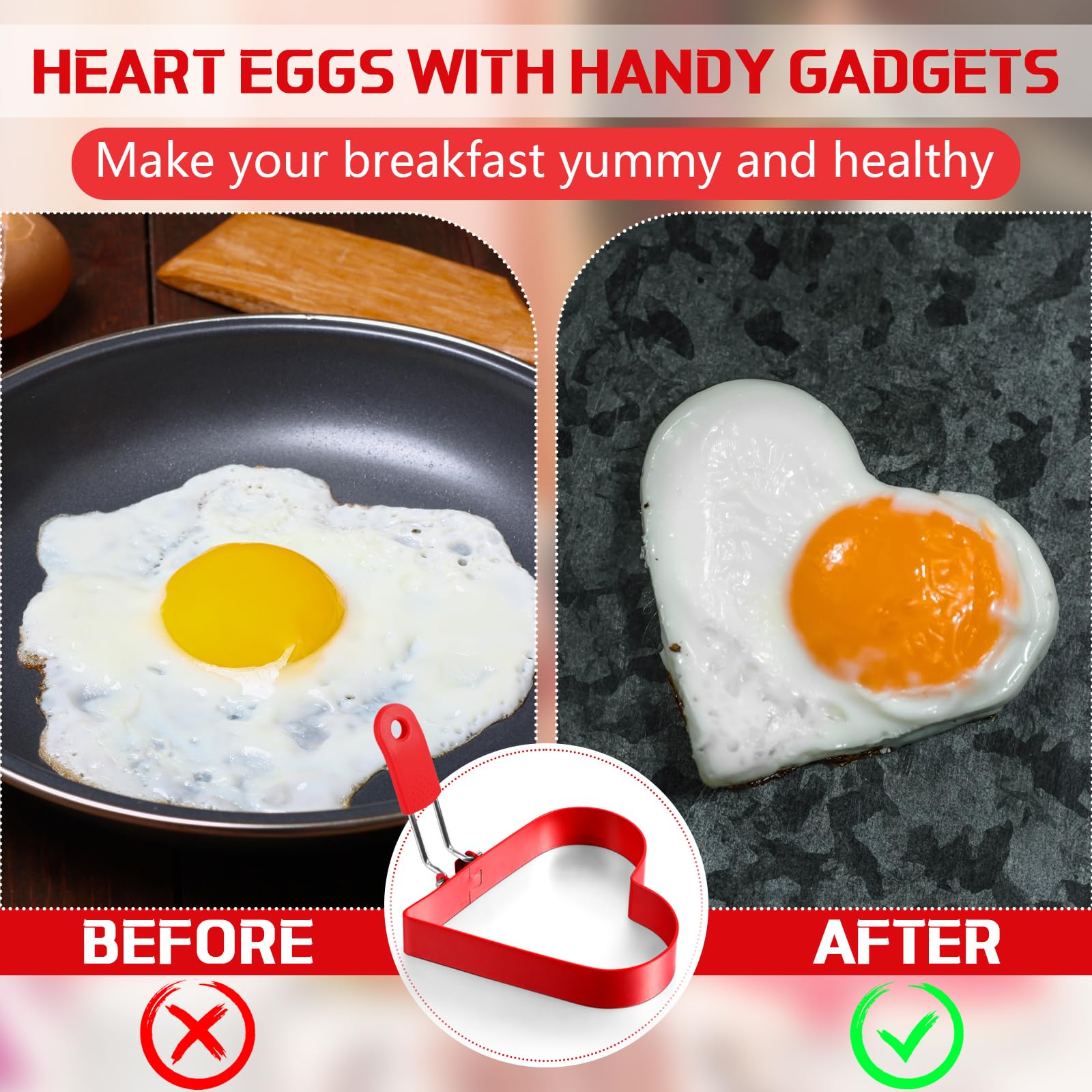 Juego de 6 moldes para panqueques con forma de corazón frito con forma de corazón frito, moldes de acero inoxidable para panqueques con mango de silicona para regalos de Navidad, cocina 6