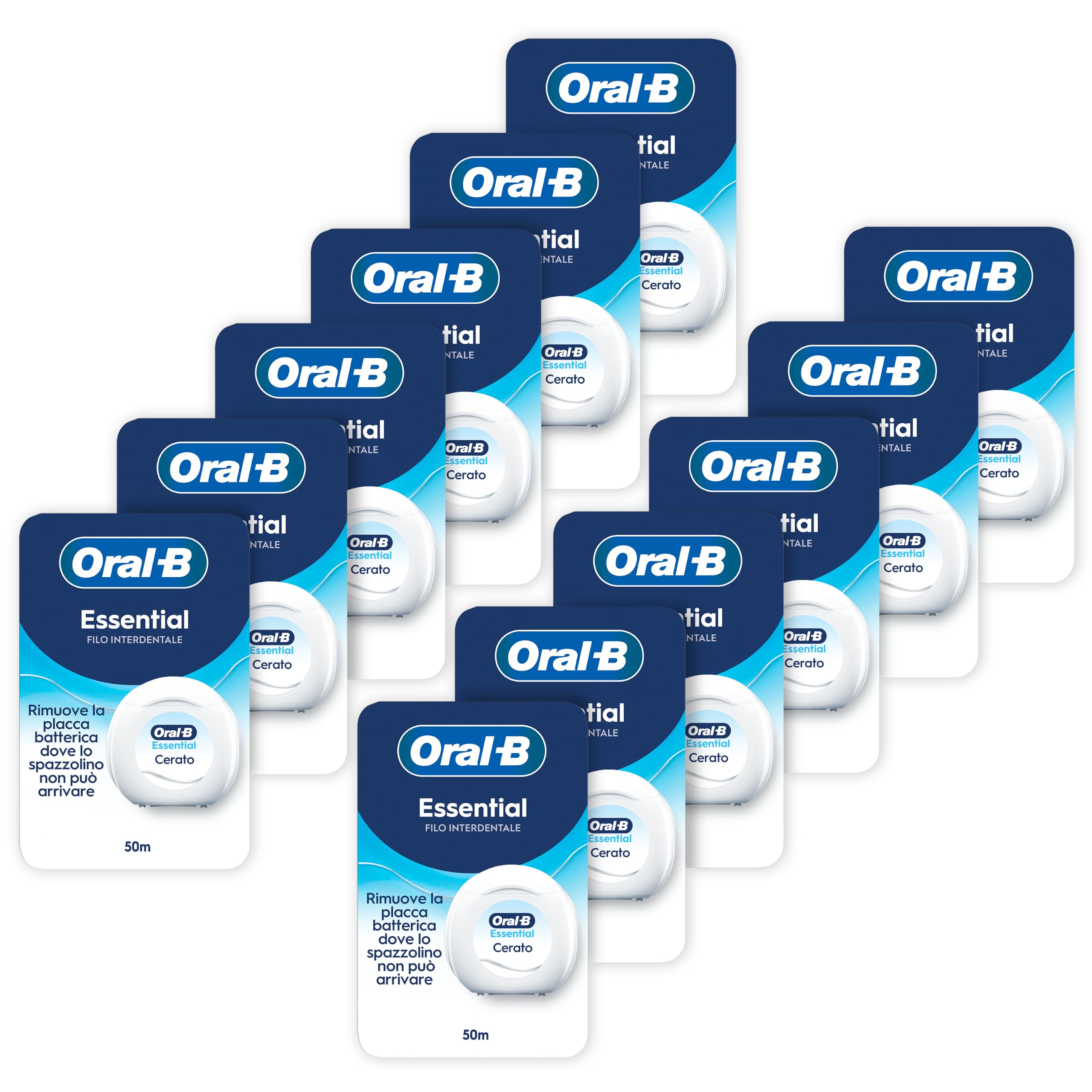 Oral-B Filo Interdentale Cerato, Essential Floss, Neutro 12x50m | Filo Interdentale Essential Floss - Rimuove la Placca - Cerato - Sapore Neutro 50m