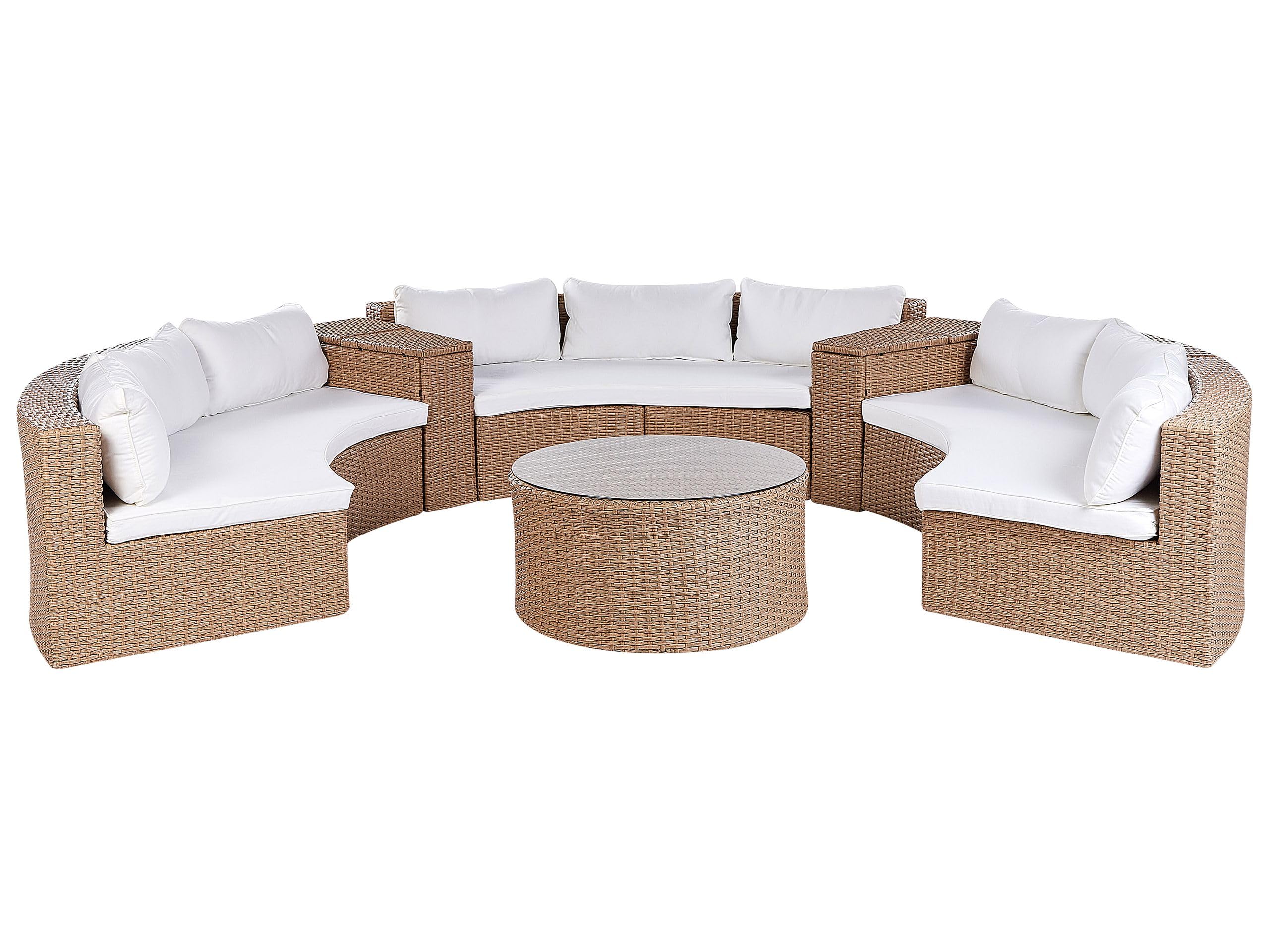 Beliani 9-Sitzer Lounge Set Rattan Sand beige rund mit Auflagen weiß Couchtisch Severo