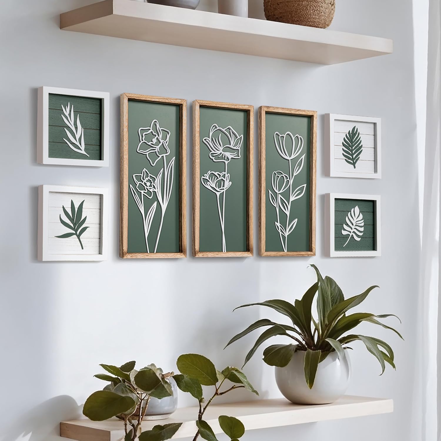 3D Green Botanical & Floral Wall Art (Set of 7) – Lightweight, Wooden Ready-to-Hang Framed Wall Art for Bedroom, Bathroom, Living Room, or Office – Textured Boho Farmhouse Decor – Gift-Boxed