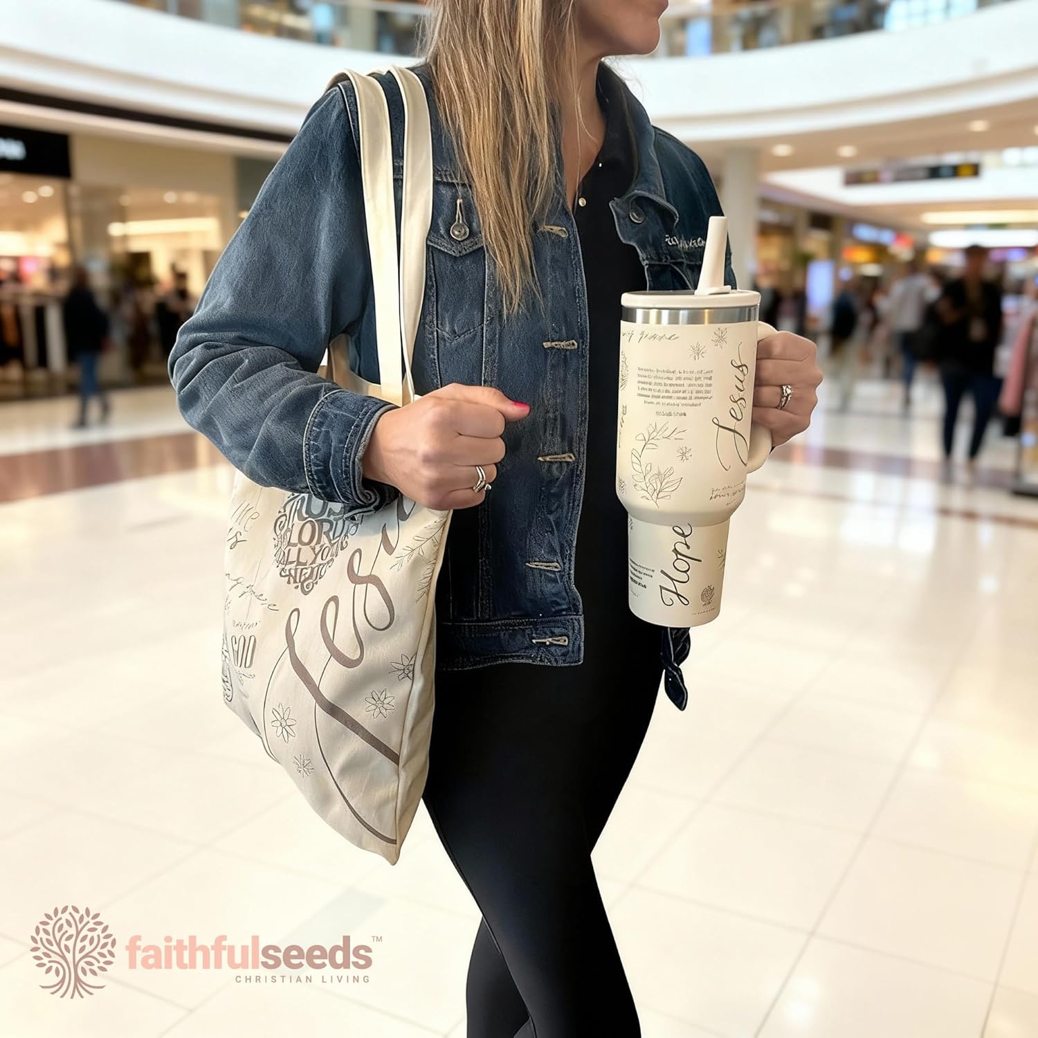 Christian Women’s Bible Tote Bag - Jesus, Faith Over Fear” 15.7"x13.7" – Christian Scripture & Floral Design – Reusable Shoulder Tote for Bible, Books, Everyday Carry - Image 2