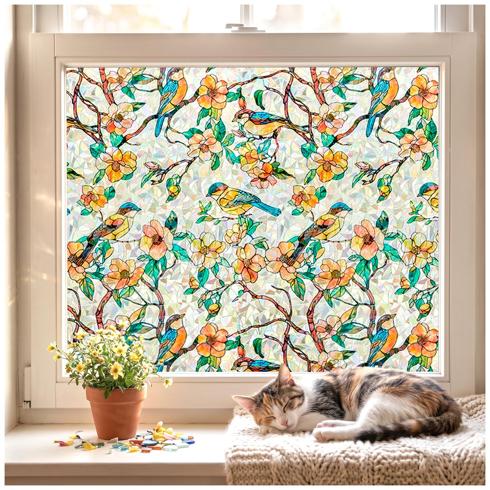 Beautysaid Stained Glass Window Film Privacy, Birds Blossom 44.5 x 200cm, — image 1
