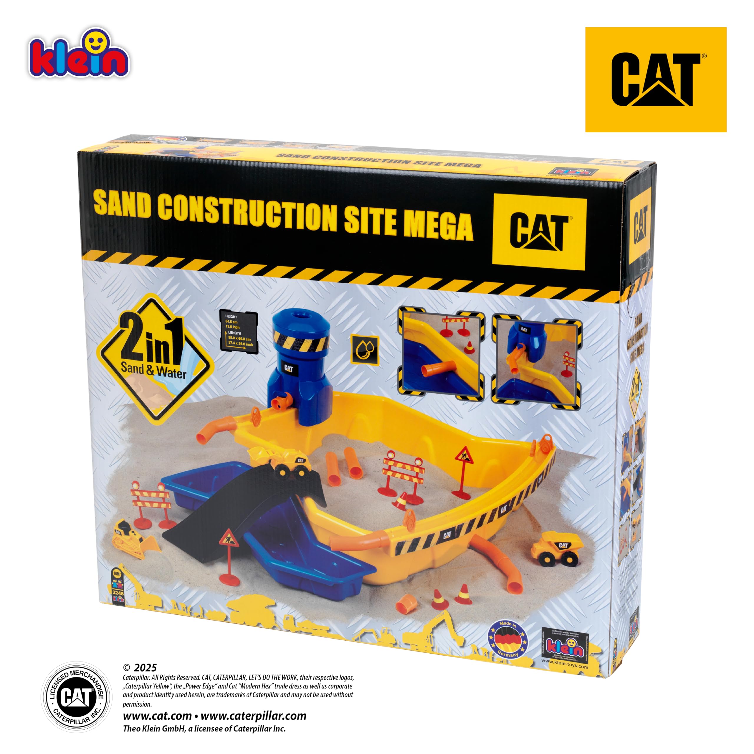 Theo Klein 3248 Cantiere di Sabbia Cat Mega, Sabbia e bacino d'Acqua, con Veicoli di Costruzione e molti altri Accessori, Giocattoli per Bambini dai 18 Mesi in su
