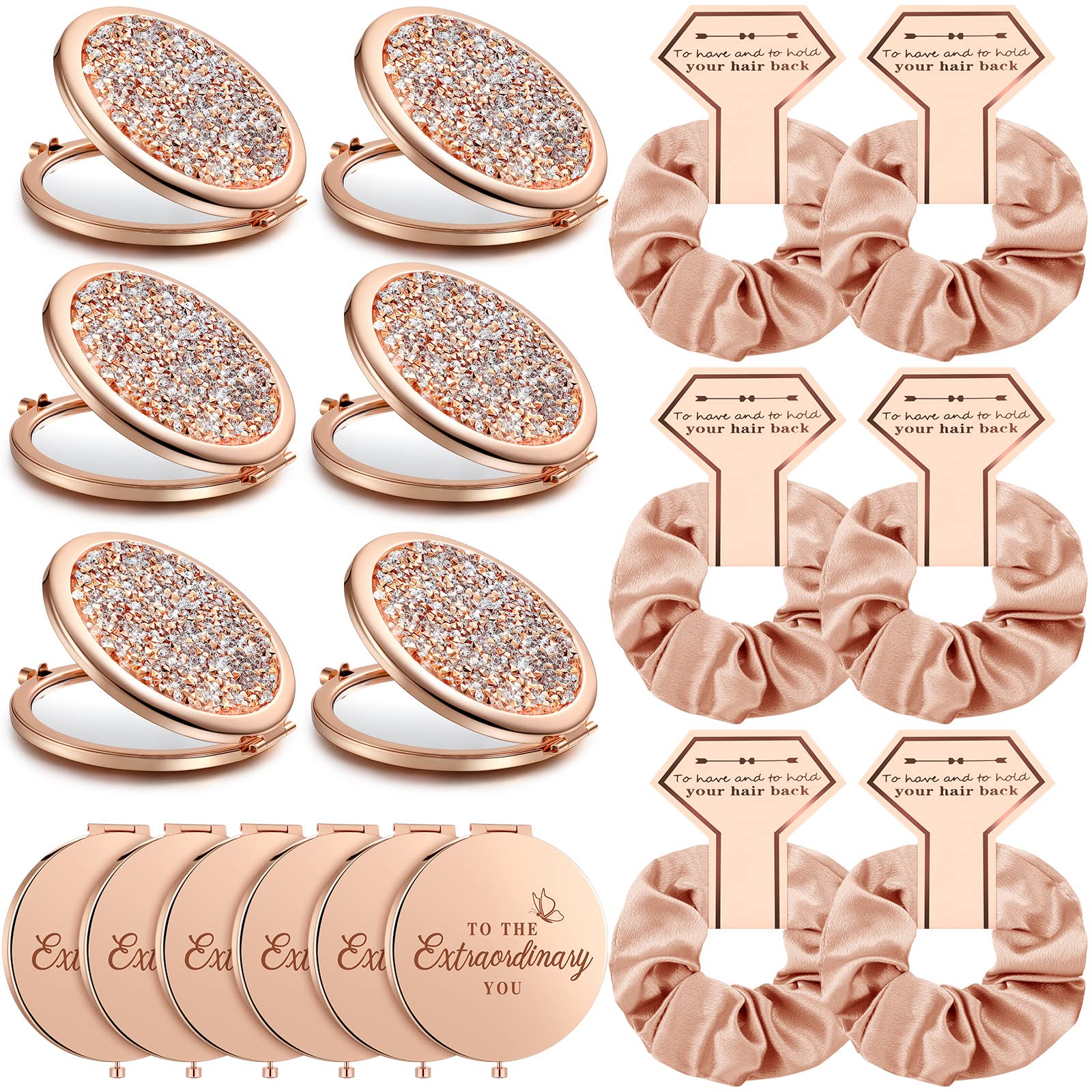 Chunful 6 Sets Bridesmaid Gifts for Women Include Rose Gold Compact Makeup Mirror with Satin Hair Ties Scrunchies Rhinestone Pocket Mirror for Bridal