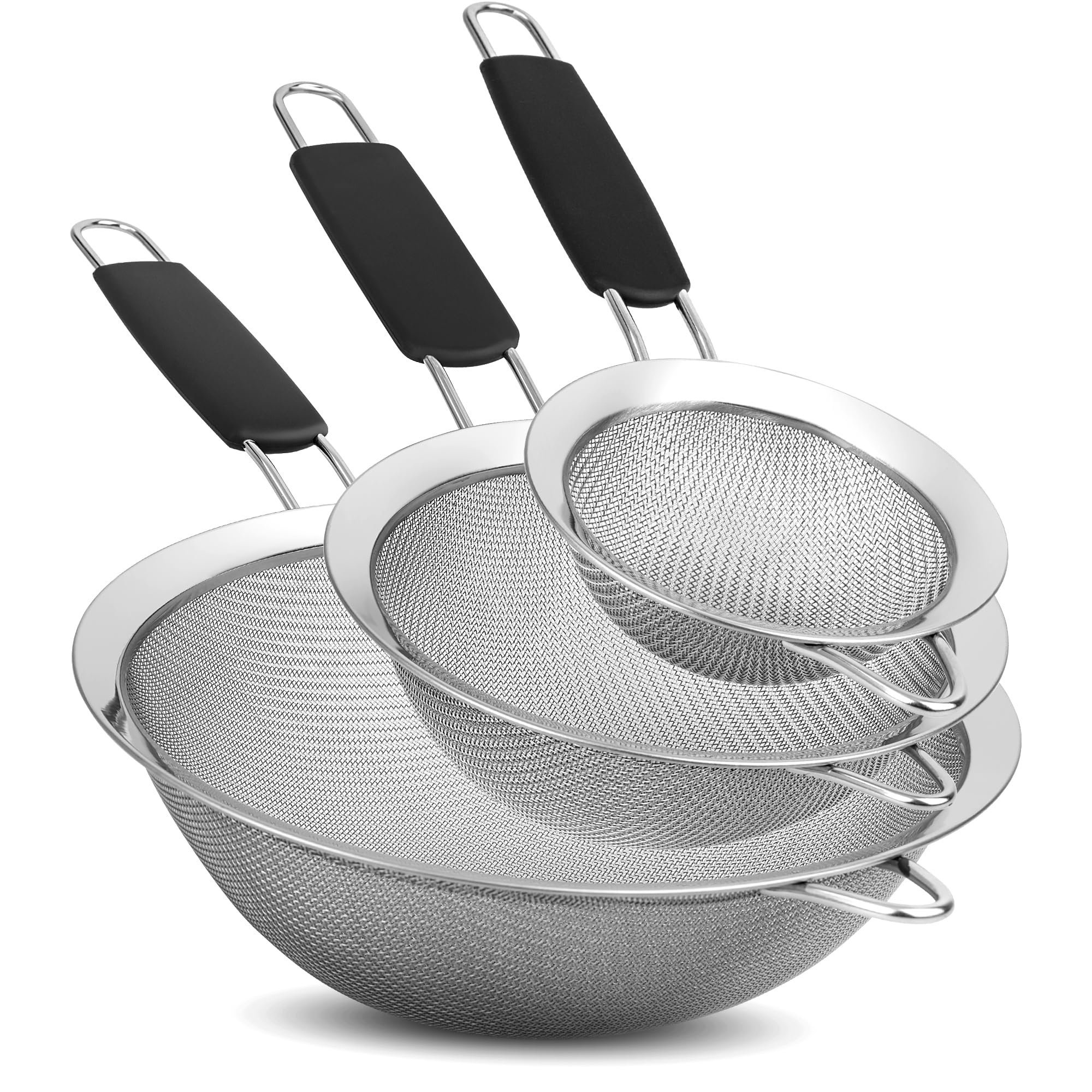 Set mit 3 feinmaschigen Sieben für die Küche | 8,6 cm, 14 cm und 20,1 cm Edelstahlsieb