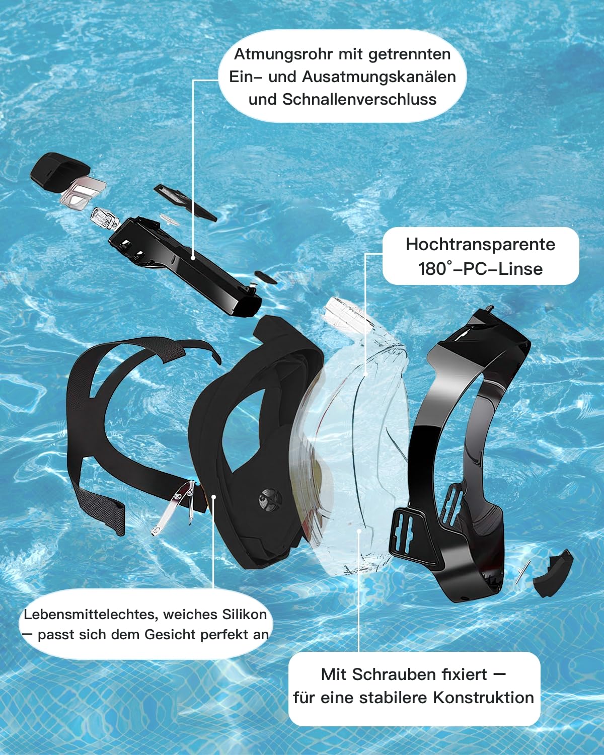 Tauchmaske Erwachsene Vollmaske mit 180°Vollgesichtsmaske HD-Antibeschlag CO2-Sicher mit Aufbewahrungstasche - Schnorchelmaske