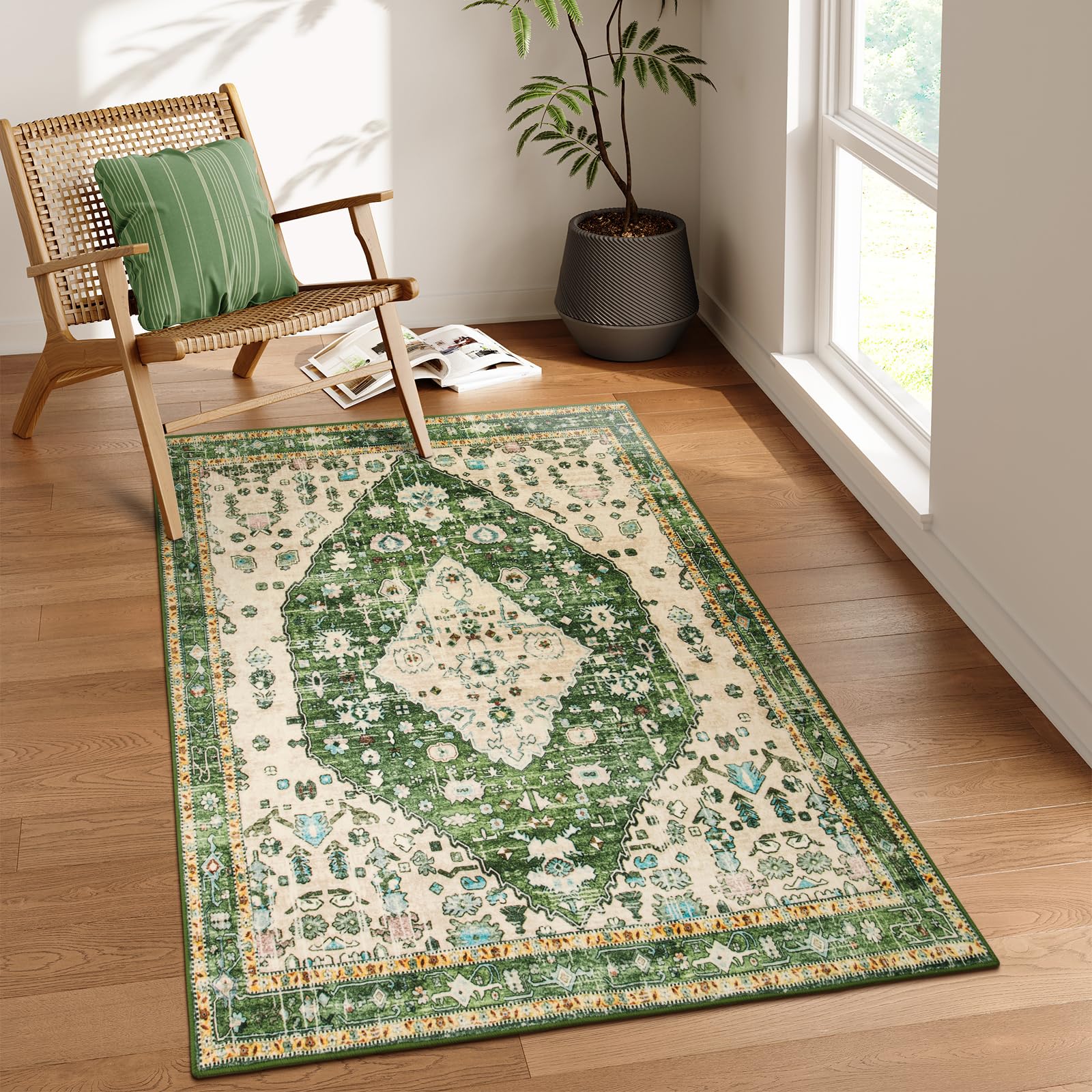 Lahome Boho Tribal Area Rug - 3x5 Vintage Green Rug for Bedroom, Soft Non Slip Washable Entry Bathroom Mat Bohemian Indoor Accent Floor Chair Carpet for Entrance Coffee Table Foyer RV Hall