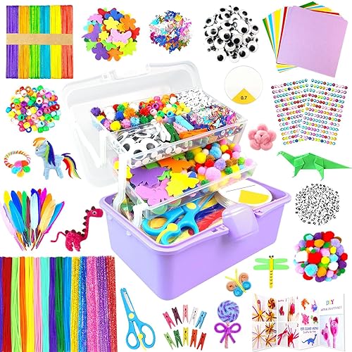ZEIZHUBN Arts and Crafts Supplies for Kids Crafts Kit with Pipe Cleaners DIY Crafts for Kids Art School Supplies Materials All in Crafting Box Craft Supply Set Gifts for Kid Girls Boys Age 4-8, 8-12 - Purple