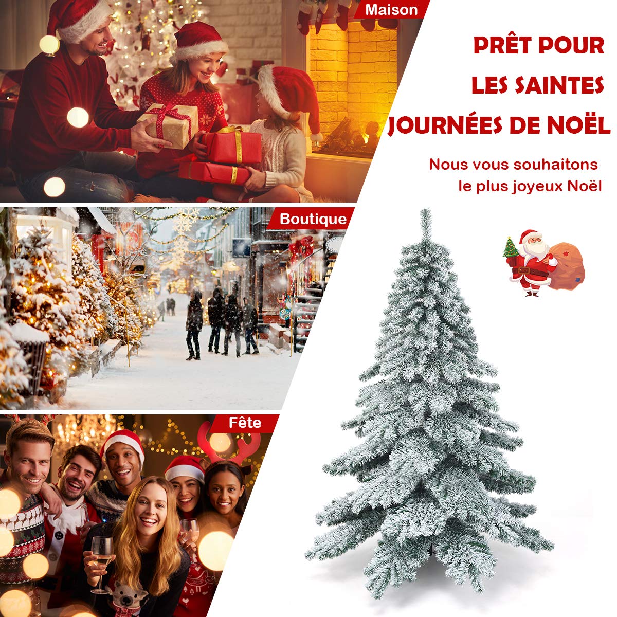 GOPLUS 180CM Sapin de Noël Artificiel Enneigé, avec 657 Branches en PVC Ignifuge, Feuilles Epaissies Inodore, Base en Fer, Arbre de Noël Floqué pour Décoration de Noël