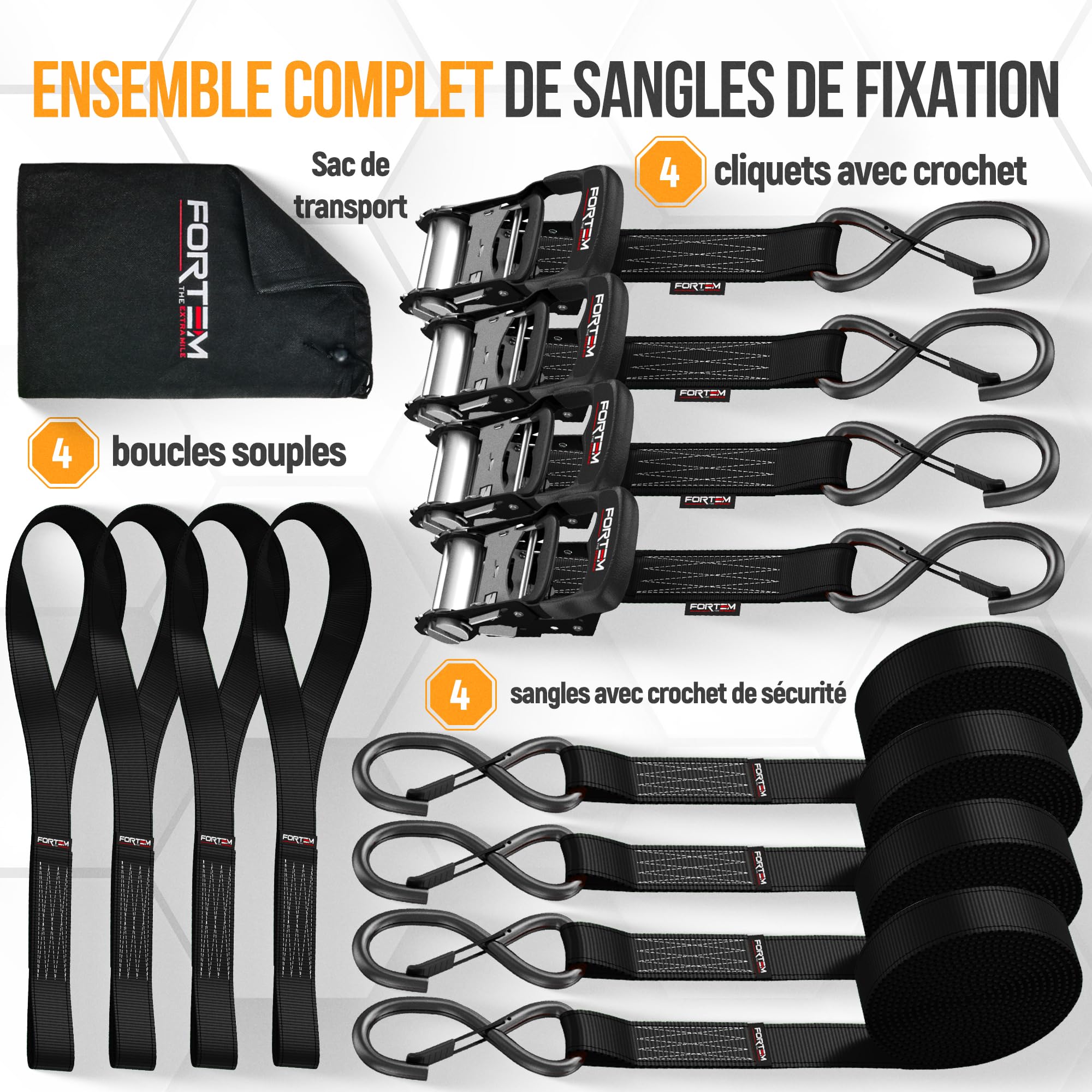 FORTEM Sangle a cliquet, Sangles d'arrimage à cliquet 4x4,5 m (Résistance 2362 kg), Sangle demenagement, Moto, remorque, Camion, 4 Boucles Souples, Crochets Métal Enduit, Sac inclu