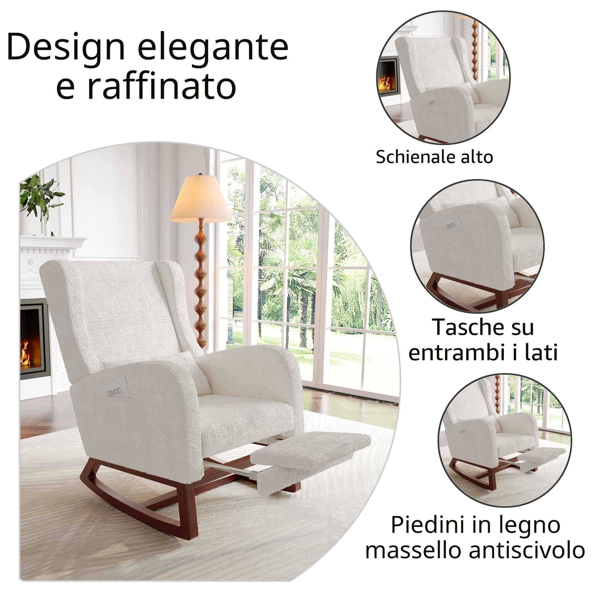 Poltrona a dondolo con poggiapiedi, sedia allattamento con cuscino lombare e 2 tasche laterali, poltrona da allattamento con gambe in legno massello, per soggiorno, camera da letto, beige