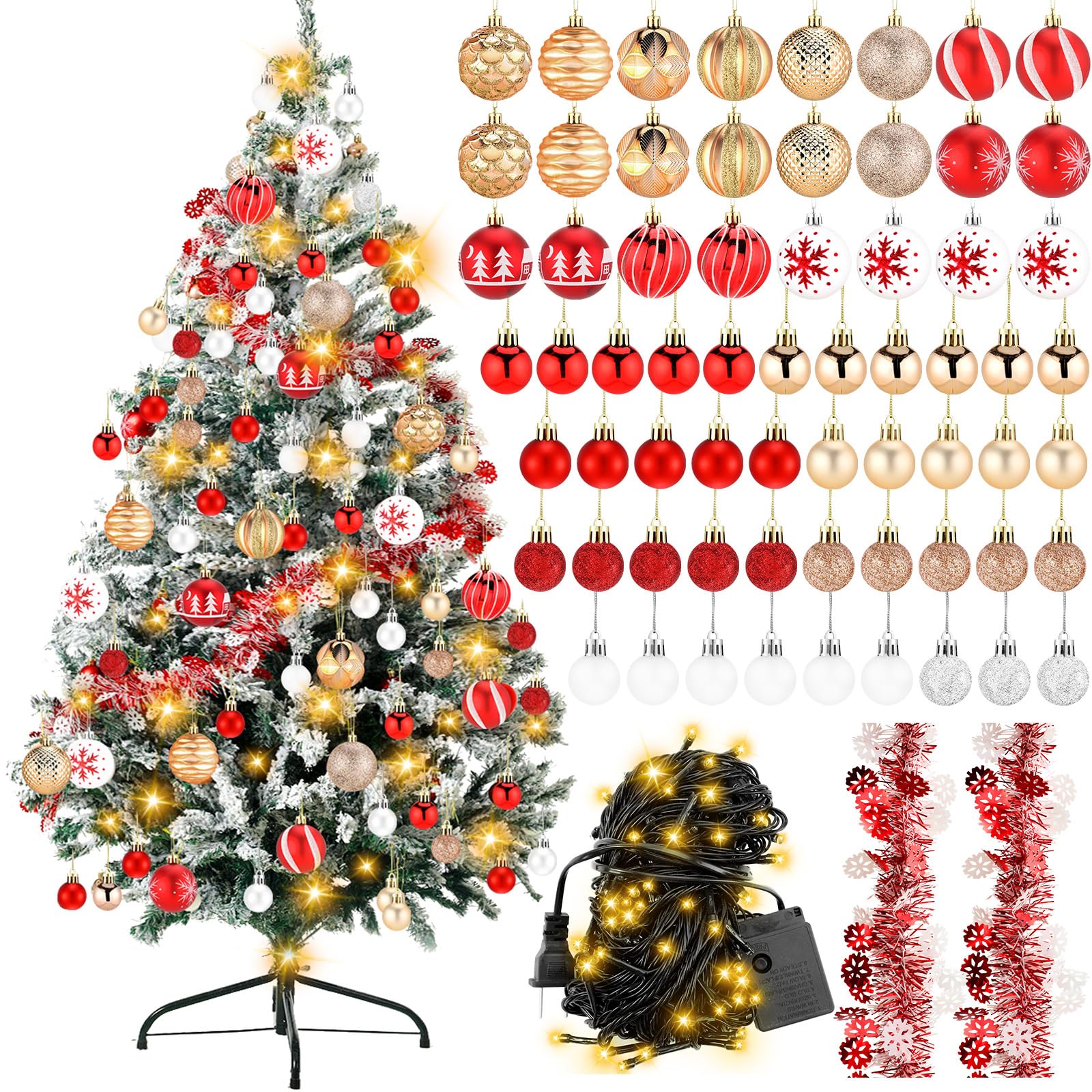 Hotop 6ft Pre Lit Snow Flocked Christmas Tree Artificial Holiday Flocked Christmas Tree with Snow with 200 LED Lights 128 Christmas Ball Ornaments 1 Pcs Snowflake Ribbon for Home Office Decor