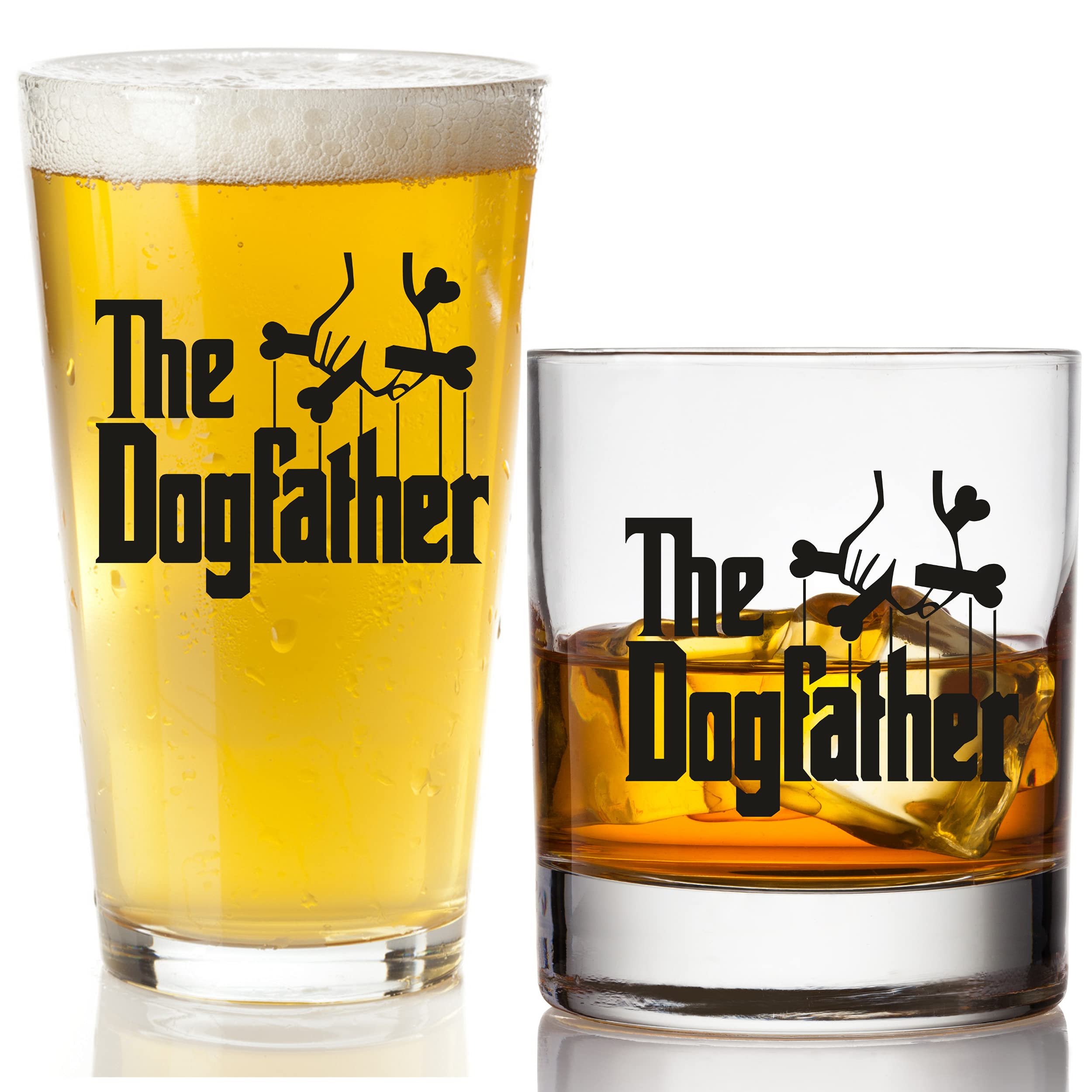 Dog Dad Gifts - The Dogfather Beer and Whiskey Glass Set For Men - Dog Gift for Christmas, Birthday, Fathers Day, Etc. - Gift for Dog Lovers
