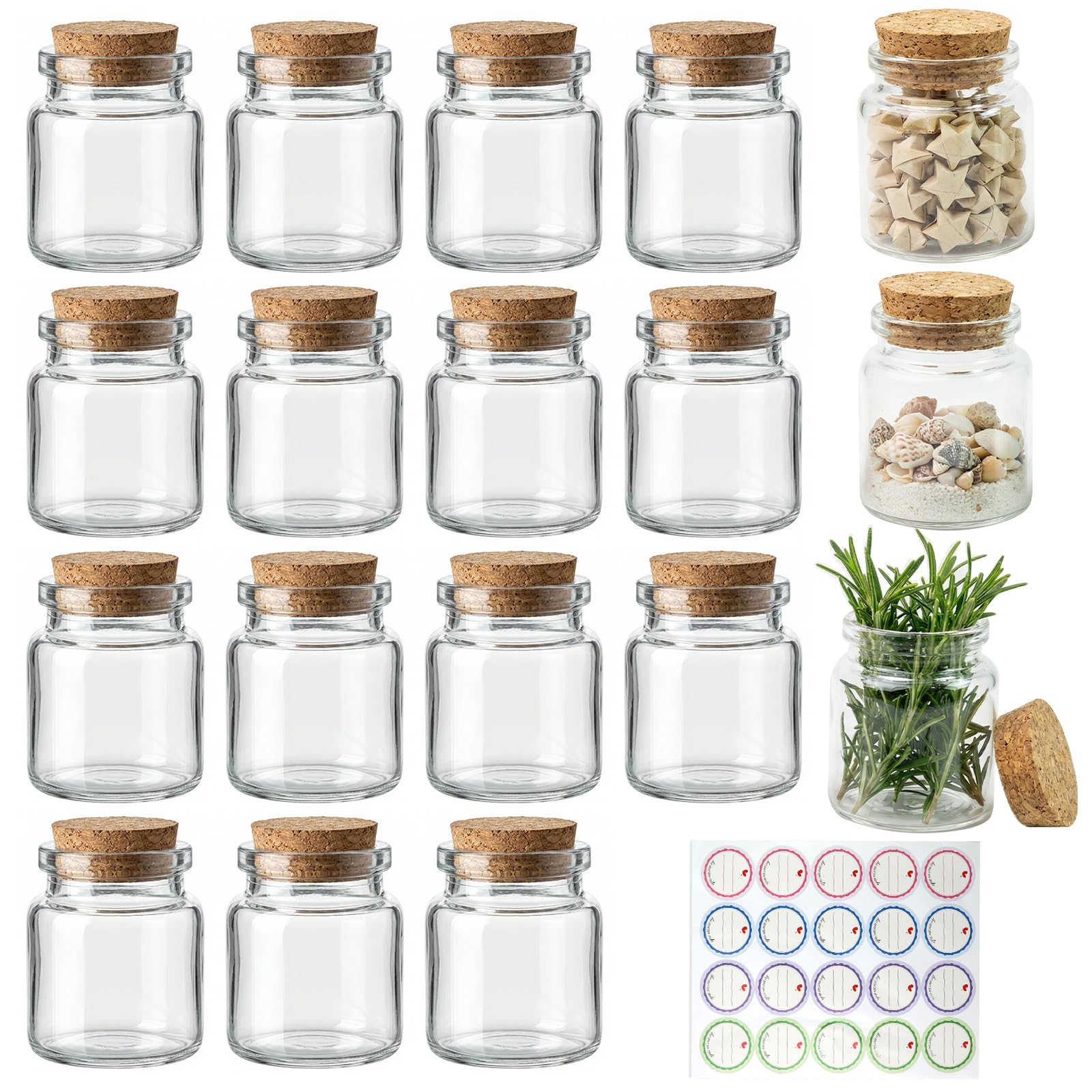 Zestaw 18 mini szklanych buteleczek (50 ml) z korkiem do napełniania, puste małe buteleczki, słoiki na przyprawy, na prezent ślubny, przyprawy kuchenne, do majsterkowania, na imprezy, z 20 etykietami