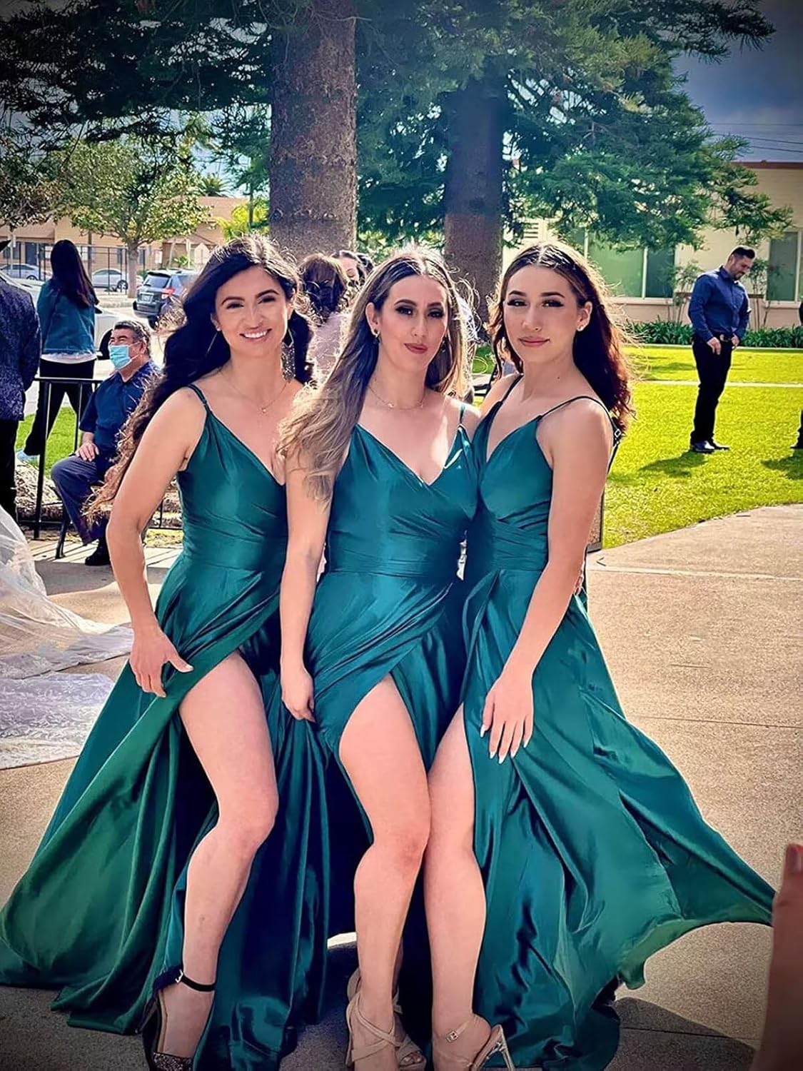 Dymaisei Satin Bridesmaid Dresses Spaghetti Straps V Neck Prom Dress Long A Line Formal Evening Dress with Pockets