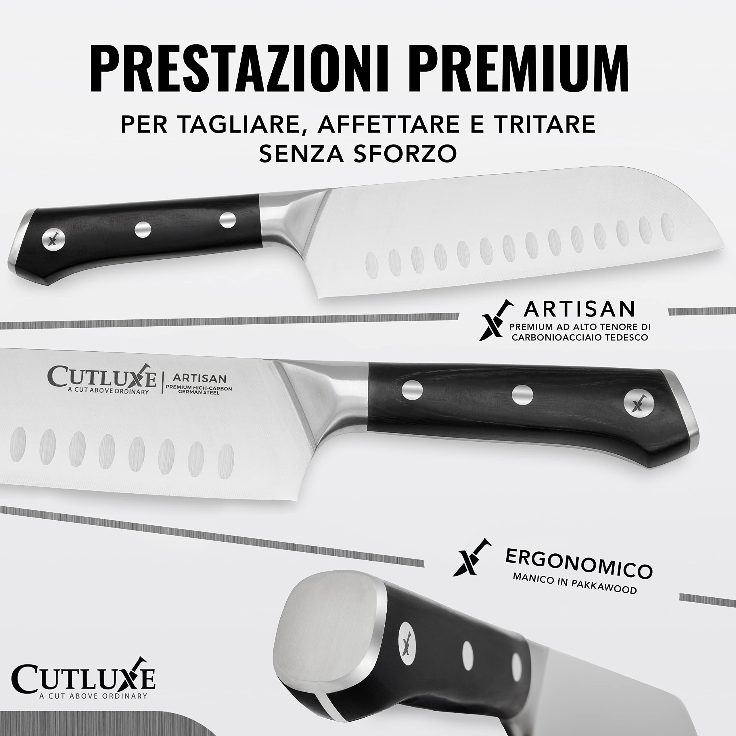 Cutluxe Coltello Santoku - 18cm Coltello Giapponese Professionale Con Guaina - Acciaio al Carbonio, Lama Affilata e Resistente - Artisan Series