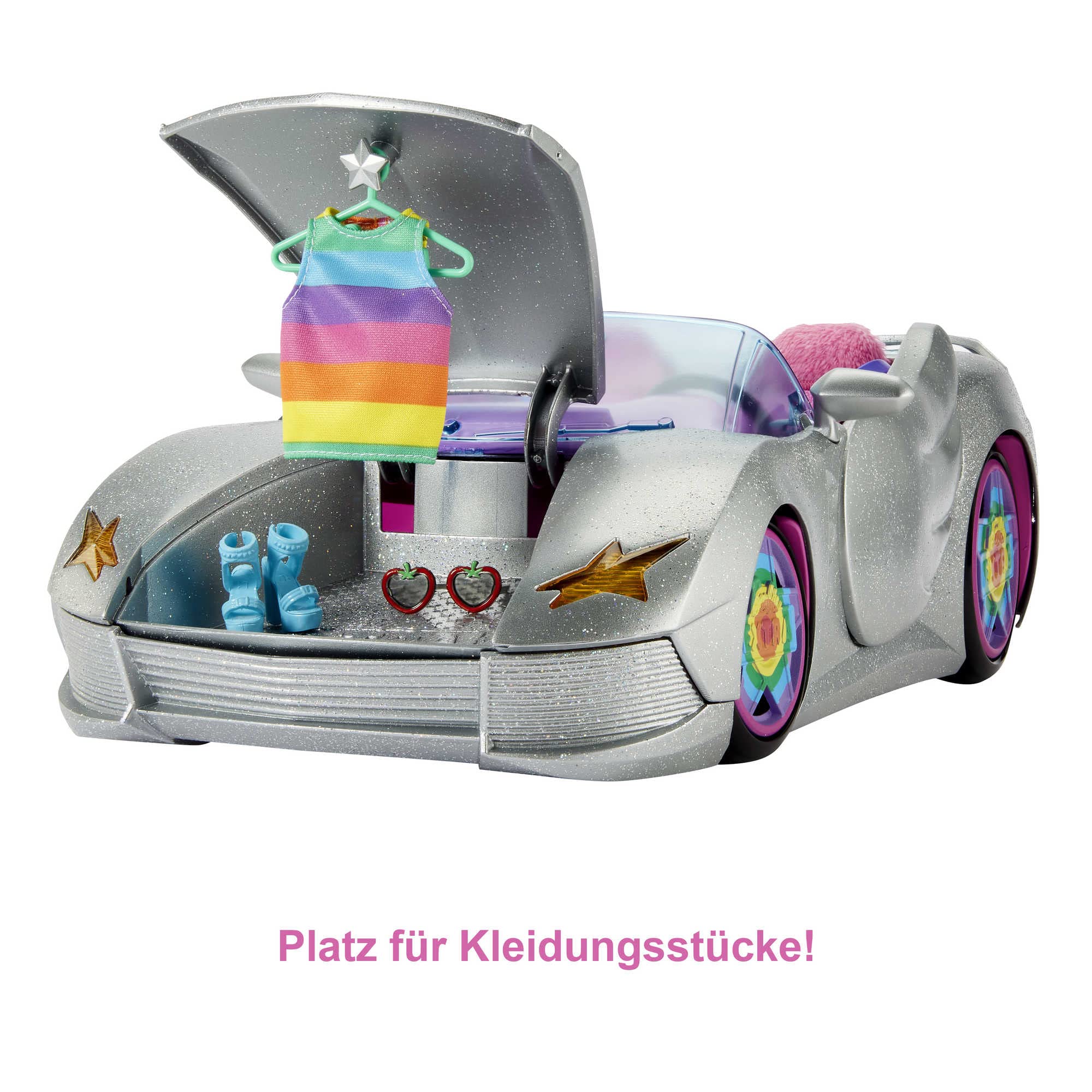 Barbie Extra, Auto Cabrio, in Silber, mit beweglichen Rädern inkl Zubehör Kleidung und Haustier, Spielzeug ab 3 Jahre, HDJ47