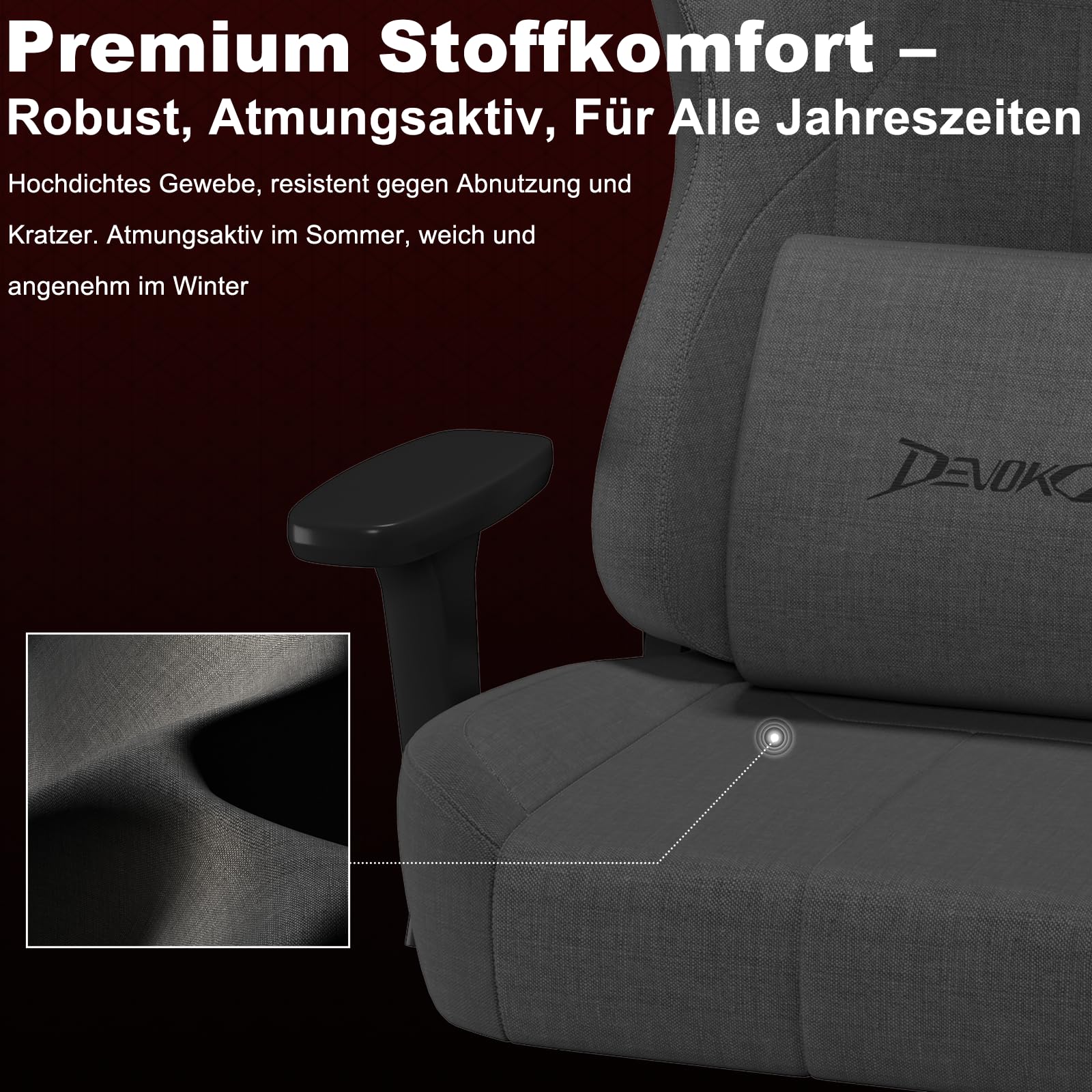 Devoko Ergonomischer Gaming Stuhl Stoff Atmungsaktiv mit Verstellbarer Rückenlehne, Höhenverstellbar, Kopf- & Lordosenstütze, Hochdichter Formschaum, Für Büro & Gaming, 180 kg Belastbar – Dunkelgrau