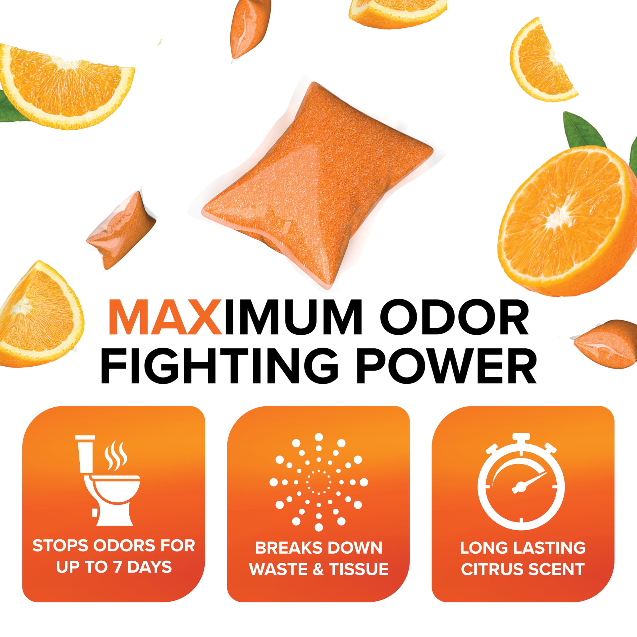 Camco TST MAX RV Toilet Treatment Drop-INs - Control Unwanted Odors & Break Down Waste and Tissue - Safe Septic Tank Treatment - Orange Scent, 30-Pack (41183) - 4