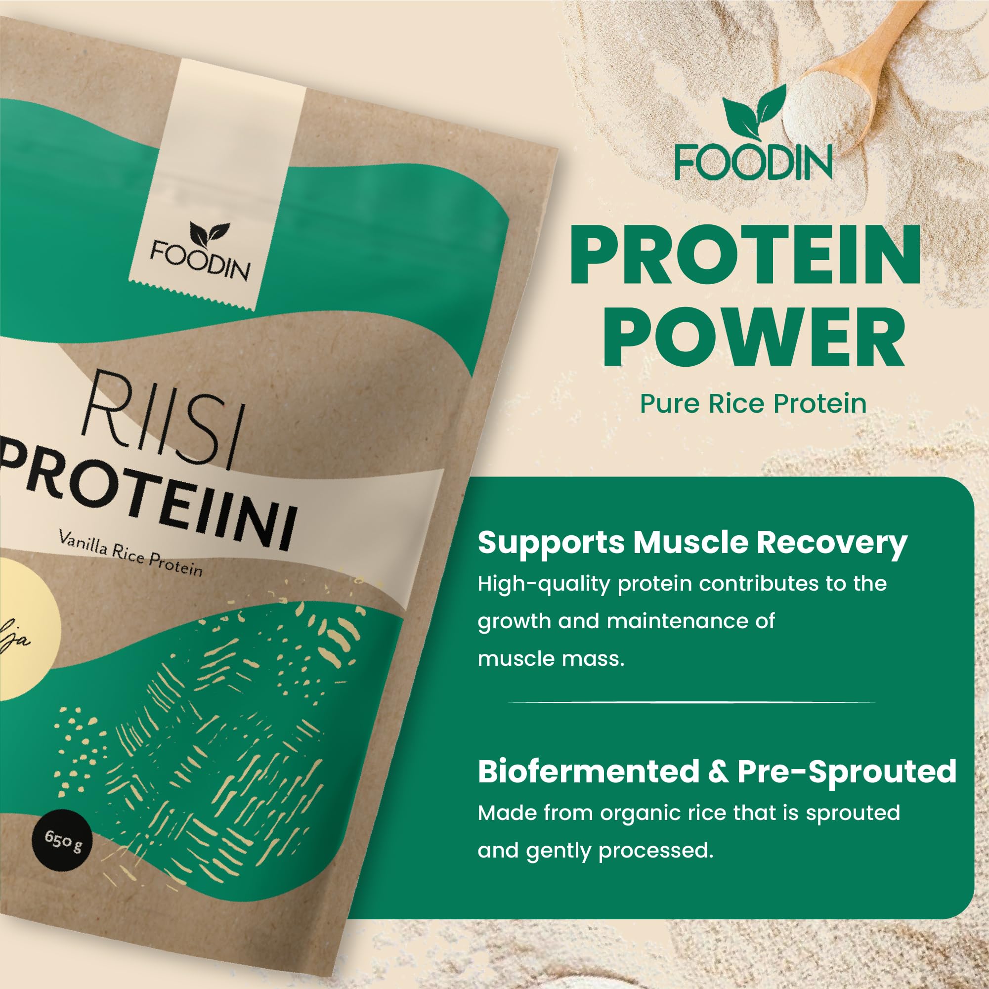 FOODIN Riso proteico in polvere 650 g, di riso germinato, senza glutine e polvere proteica vegana senza dolcificante artificiale, vaniglia