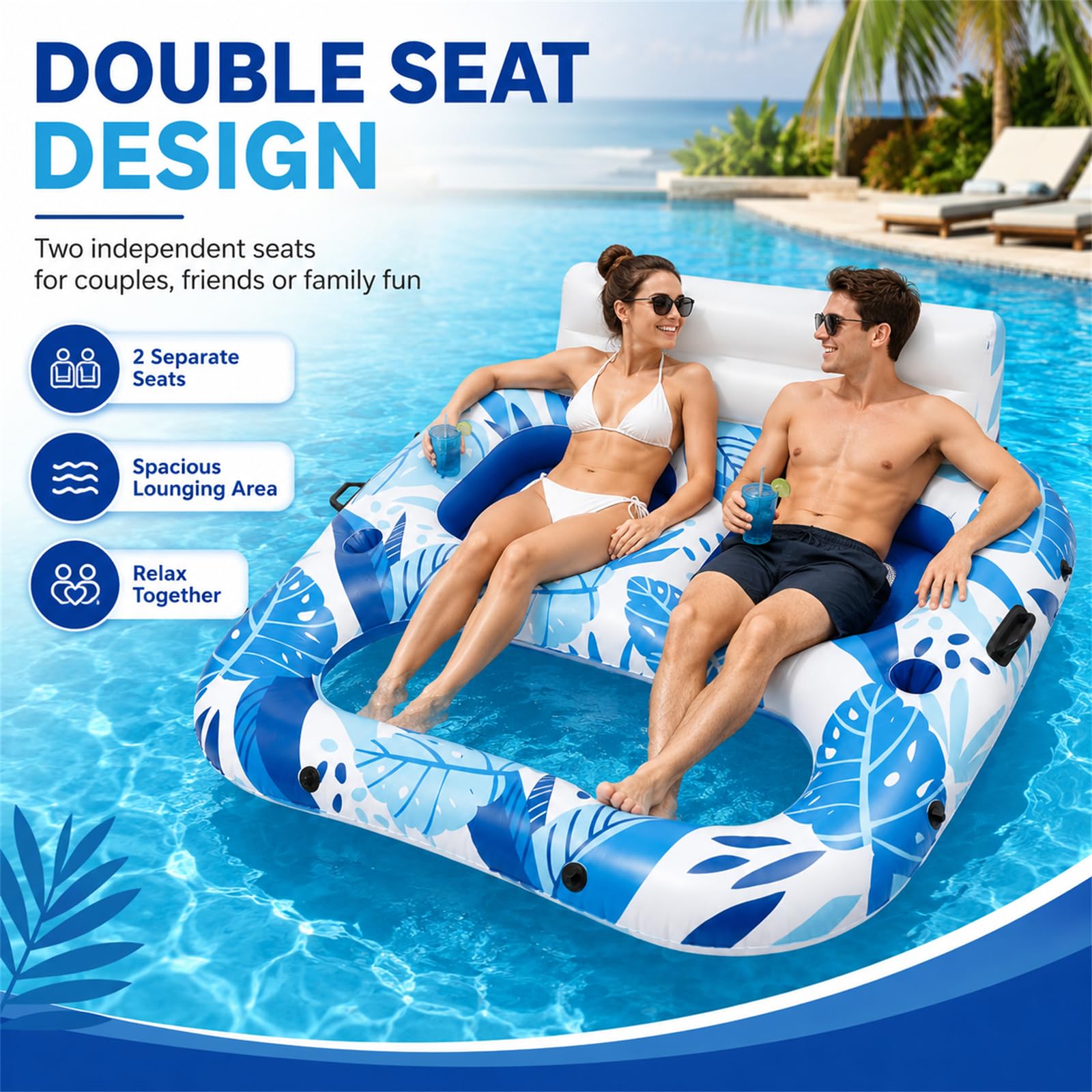 Pool Sessel Aufblasbar für 2 Personen mit Großer Rückenlehne | Schwimminsel Luftmatratze, Getränkehalter, Griff, Für Strand & Schwimmbad, Für Erwachsene