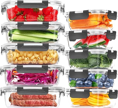 Skroam Paquete de 10 recipientes de vidrio para almacenamiento de alimentos con tapas, juego de recipientes herméticos de vidrio para preparación de