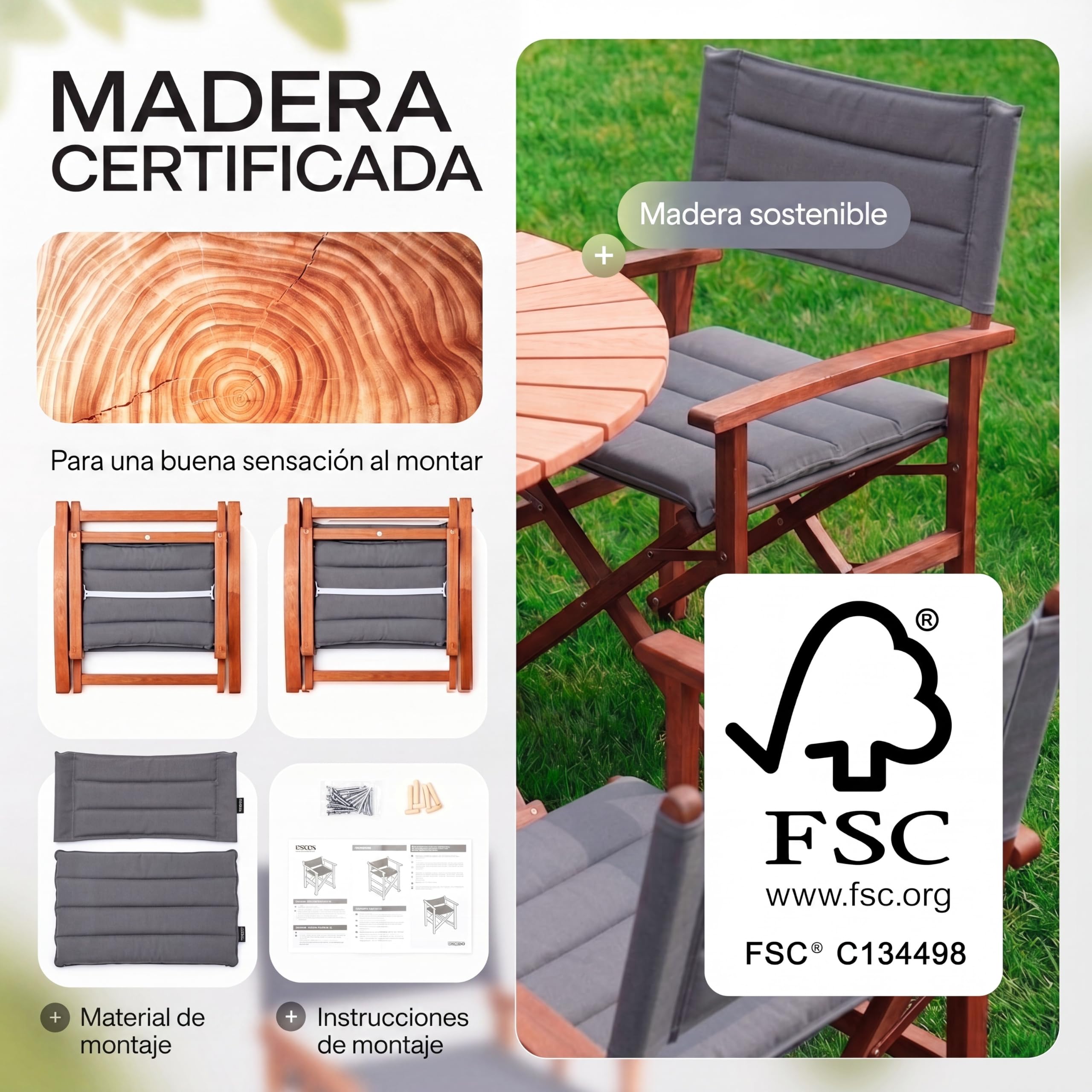 CASARIA Silla Director Plegable Acolchada Madera Eucalipto Certif. FSC