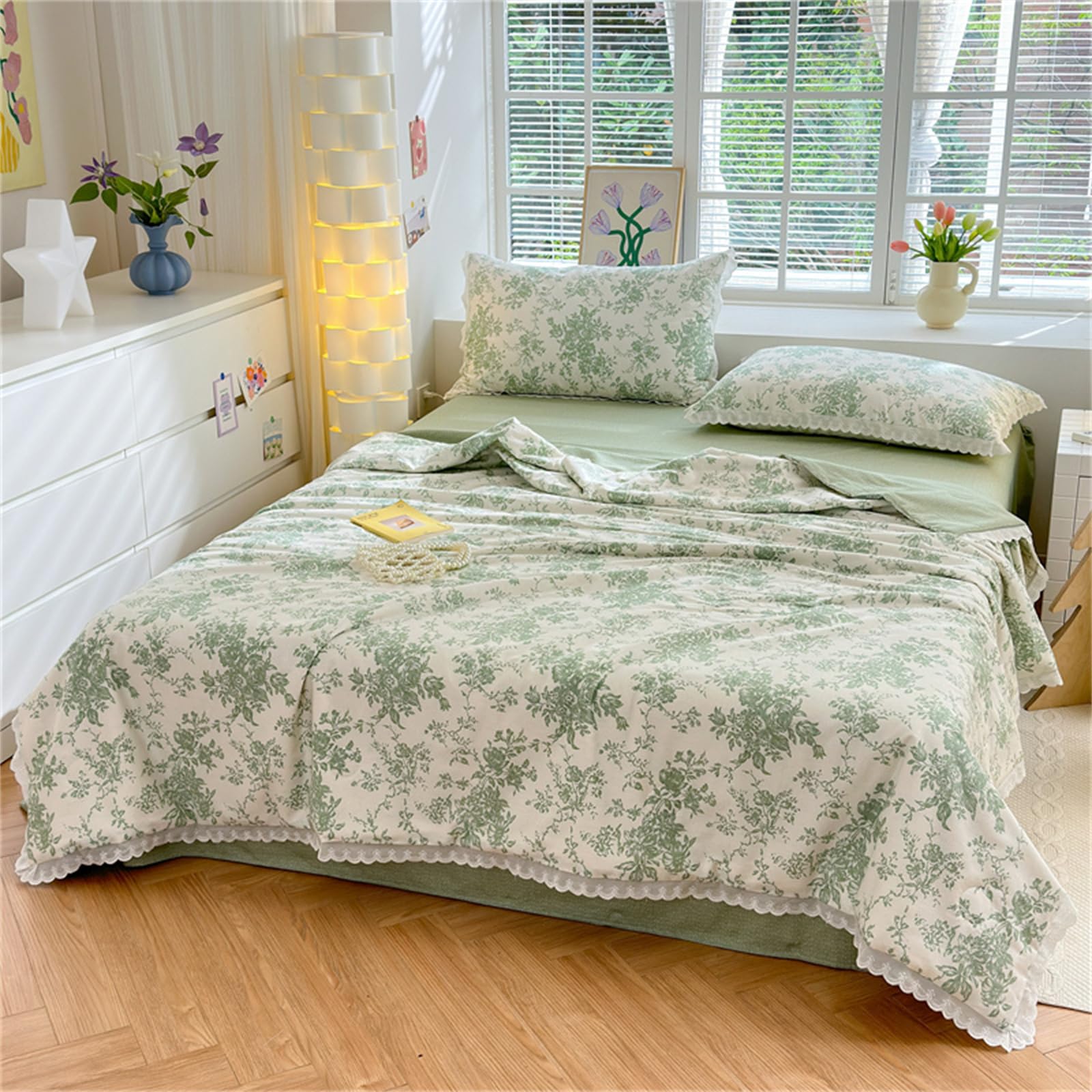 Fansu 100% Algodón Colcha Acolchada Fina Suave Cubrecama Rellenos Finos Toda Temporada Edredón Colchas Bouti Cama 90/135/150, Manta para Sofa Encaje Blanco (Enredaderas Verdes,200x230cm)