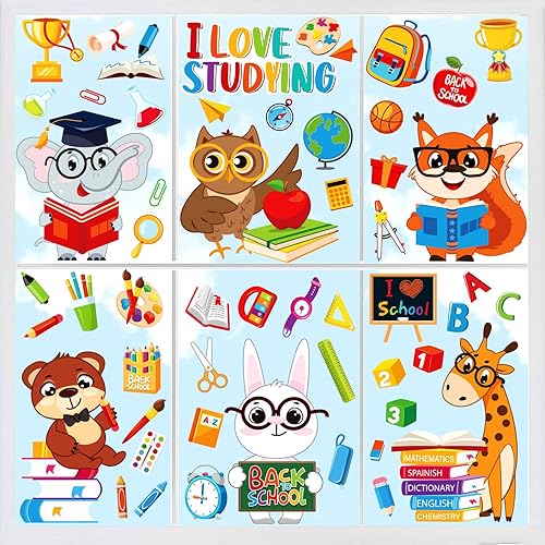 Whaline 9 hojas de calcomanías para ventana de regreso a clases, lindos animales, elefante, búho, conejo, I Love Studying, calcomanías para ventana