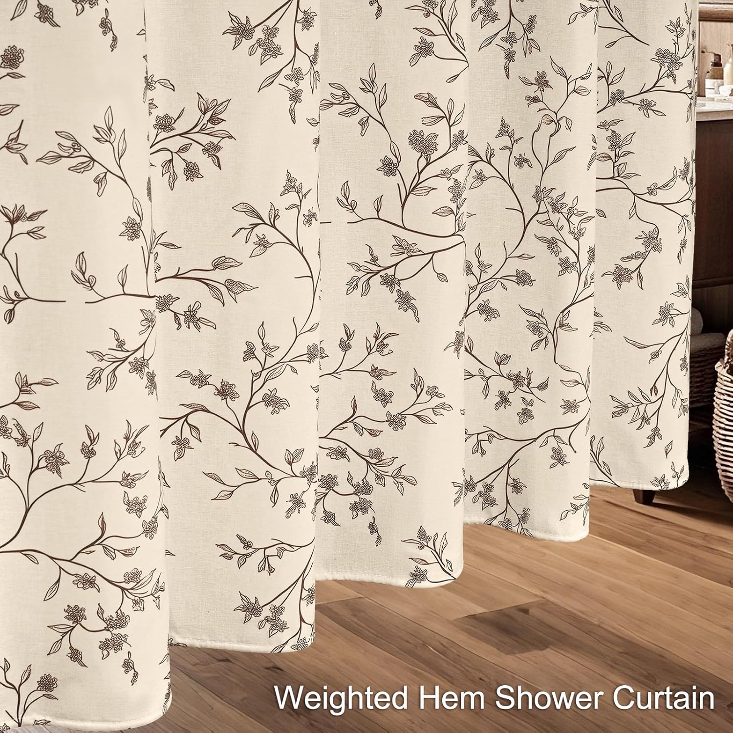 Brown Floral Shower Curtain Linen, Twiggy Leaves Flower Shower Curtain for Bathroom 72x72, Luxury Farmhouse Chic Bathroom Décor