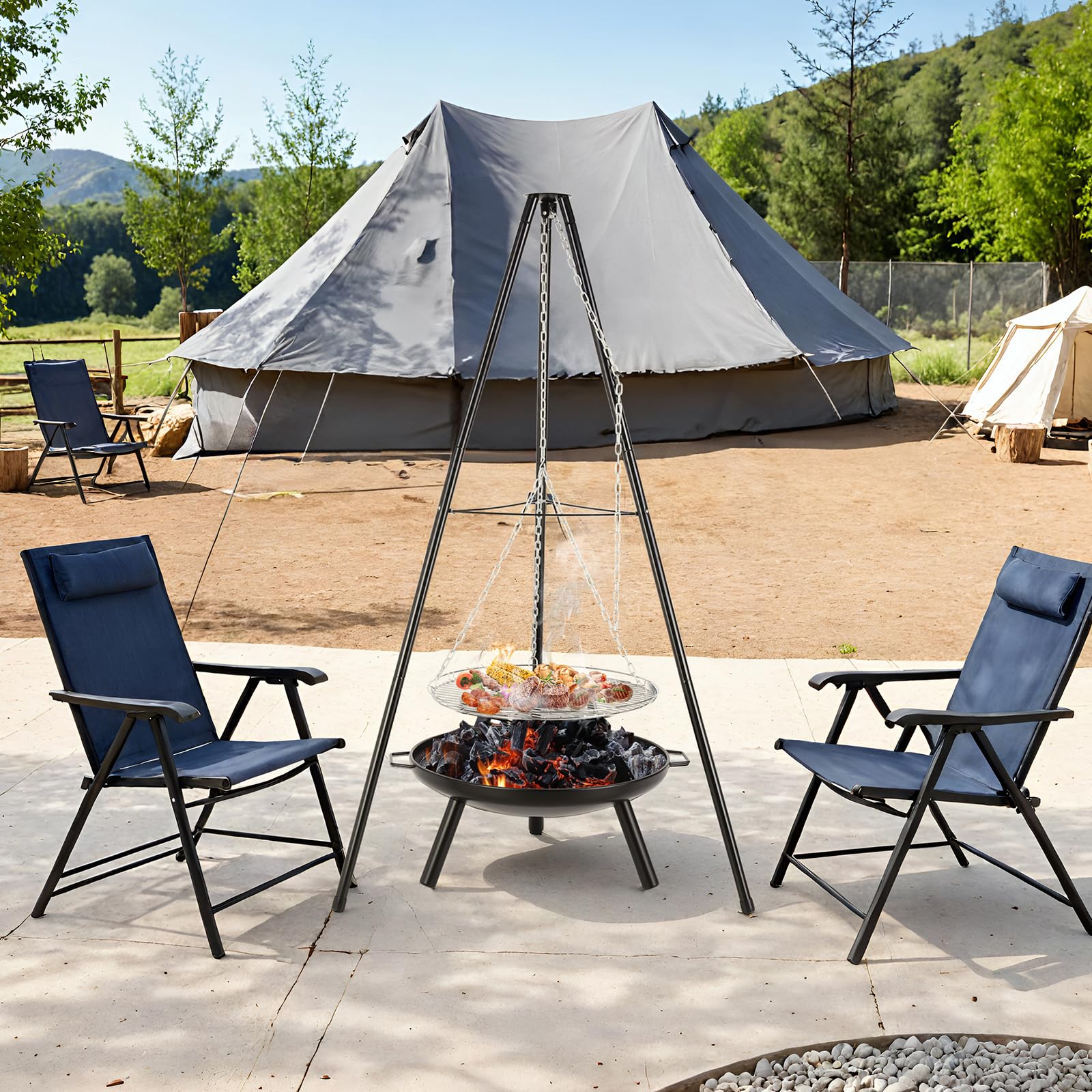 TLSUNNY Barbecue Pivotant avec Brasero, Barbecue Trépied avec Chaîne, Barbecue Charbon de Bois, Réglable en Hauteur de 200 cm, Ø68 cm Brasero avec Poignée, Foyer Extérieur pour Griller et Chauffer