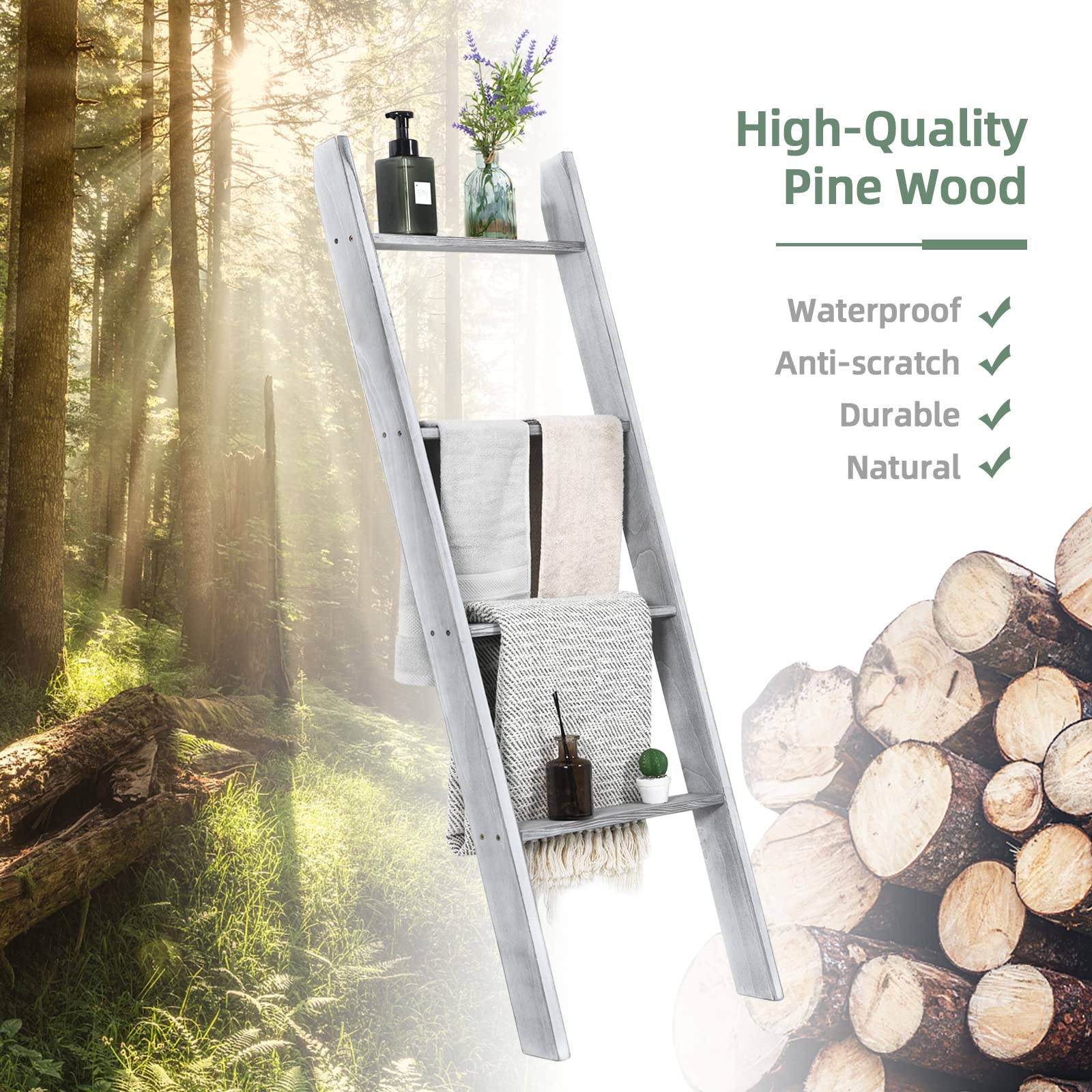 GIANTEX Toallero Escalera de Baño con 4 Barras para Colgar Toallas y Ropas, Estantería contra la Pared, 50 x 50,5 x 128,5 cm, Toallero de Madera 4 Niveles para Baño, Salón, Dormitorio (Gris)