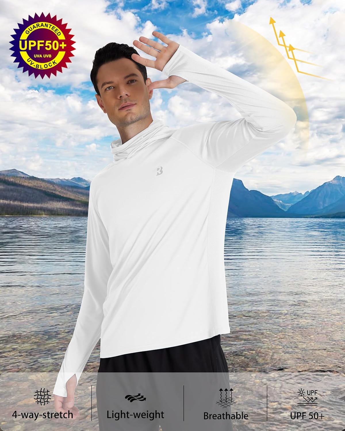 Roadbox Men's UPF 50+ Hooded Fishing Shirts Long Sleeve Sun Protection Hoodie, Hiking Running Swimming Rash Guard with Mask - Image 3