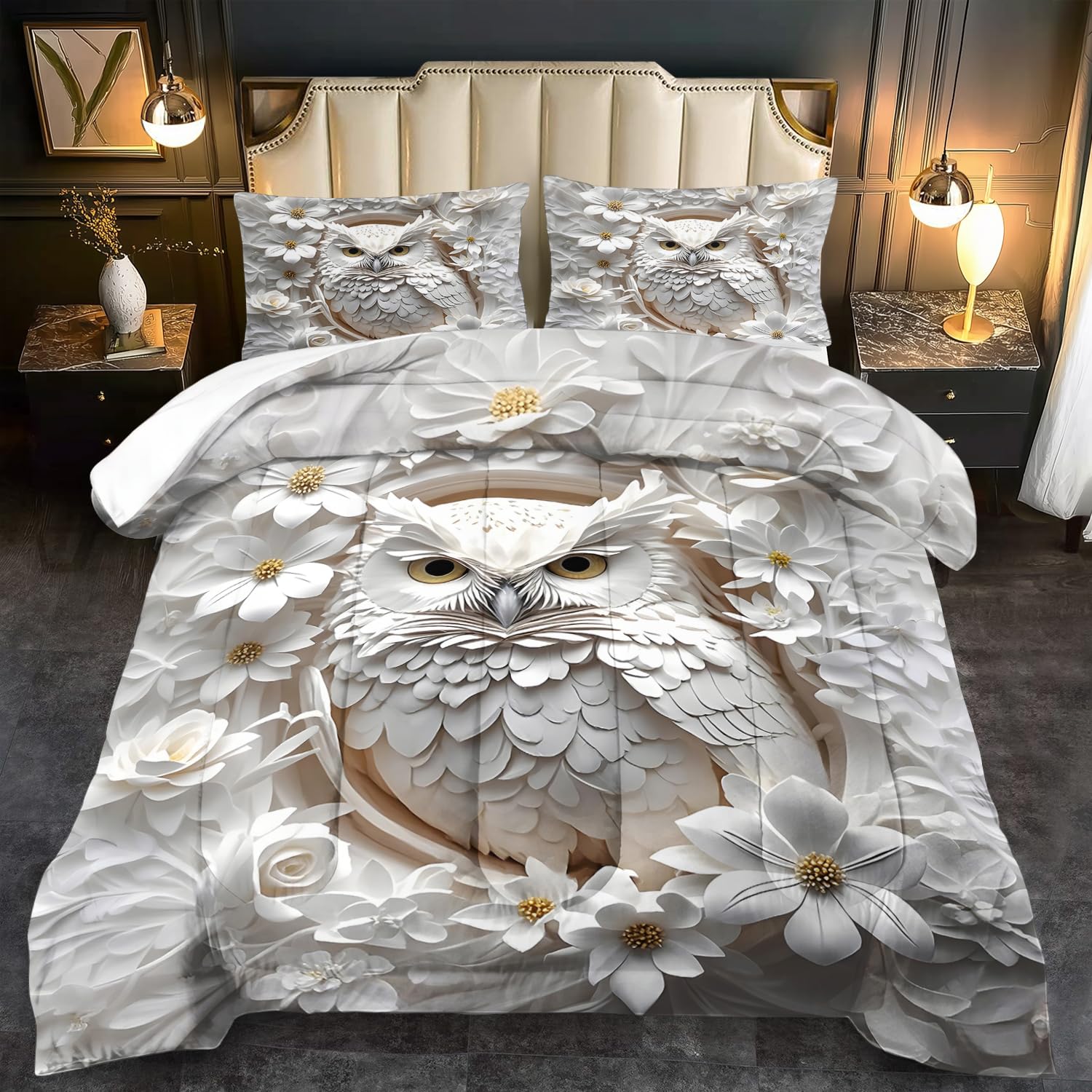 Cute Owl Comforter Set King Kids Comforter Set for Girls King White Animal Bedding Boys Floral Bedding Kawaii Owl Room Decor Cute Animal Print Bedroom Decor Kawaii Pet Quilt