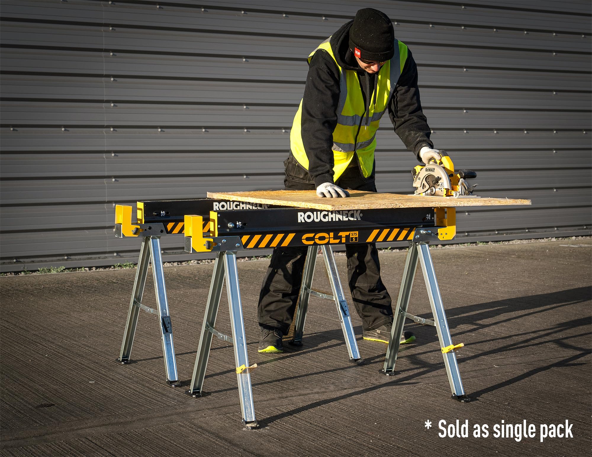 Cavalletto ROUGHNECK COLT 575S, struttura in acciaio ultra-resistente con portata di 500 kg per carpenteria e edilizia